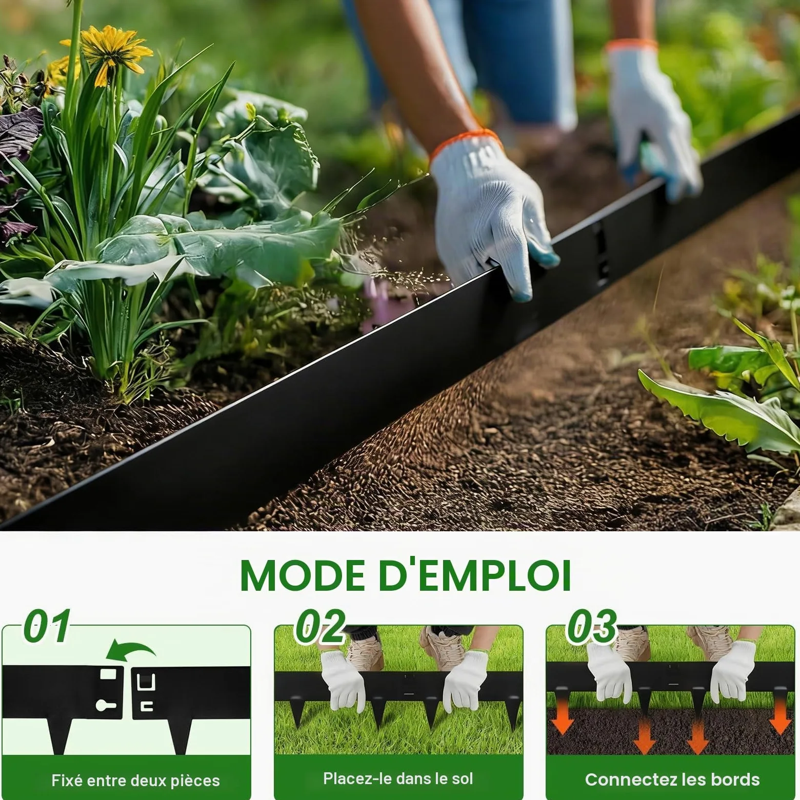 Bordure de Jardin en Métal Noir 84 x 16 cm, Lot de 10, Bordure Pelouse en Acier Thermolaqué avec Piquets Intégrés, Installation sans Outils pour Massifs, Pelouse, Allées et Entrées(Noir)