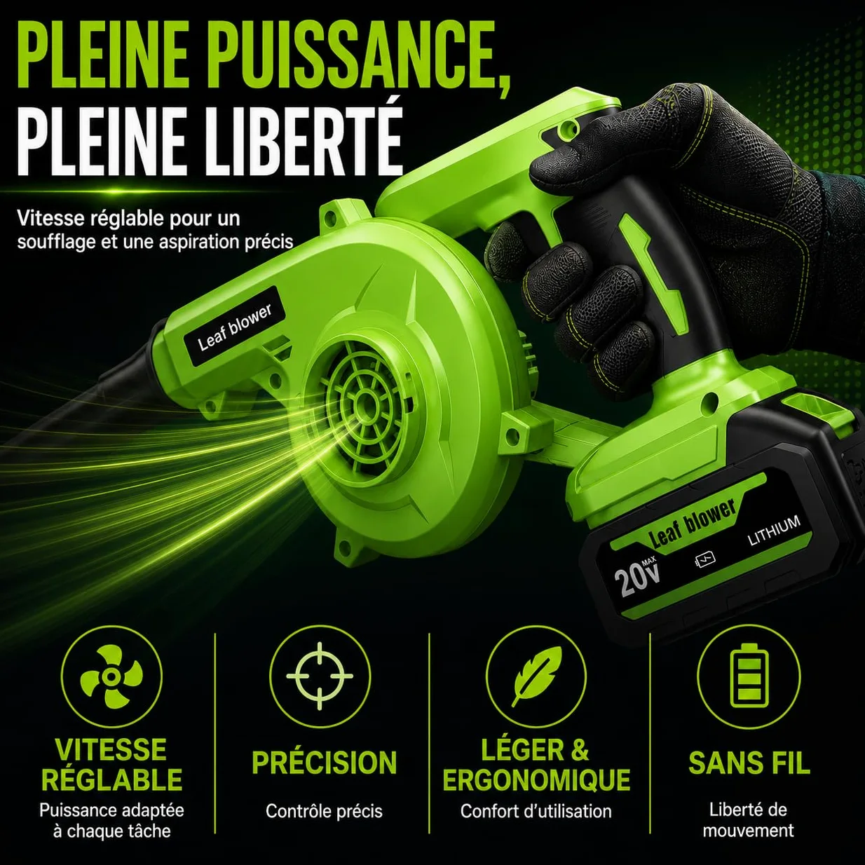 Souffleur de Feuilles sans Fil 20V 2-en-1, Aspirateur Souffleur Batterie 150 MPH, 2 Batteries 2Ah, Vitesse Variable, pour Jardin Terrasse Garage Voiture