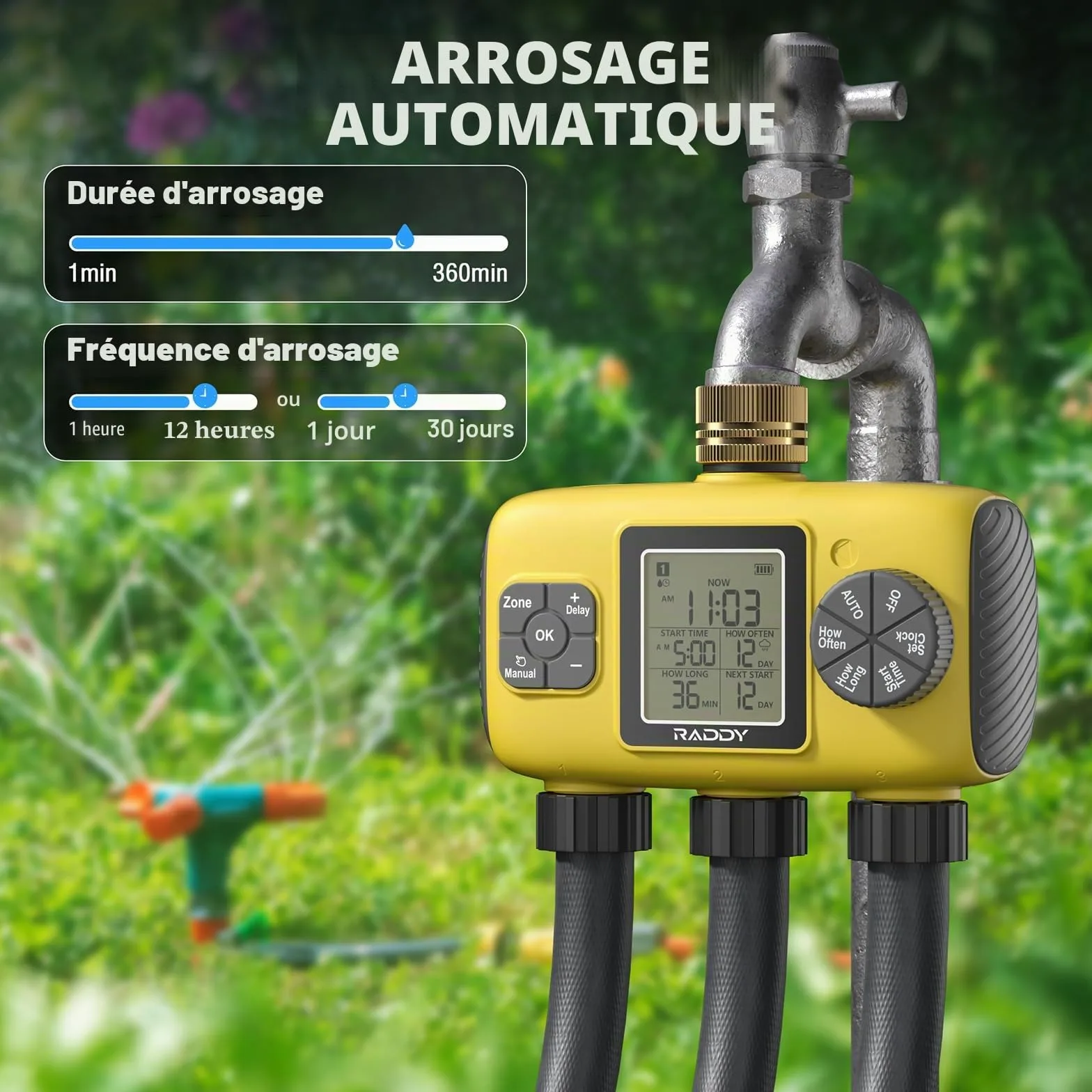 Raddy WS-8 Minuterie d'arrosage 3 Zones, Programmateur d'irrigation Automatique Intelligente, Arrosage Manuel, retardateur de Pluie, Grand écran LCD, IPX5 pour Jardins Cours