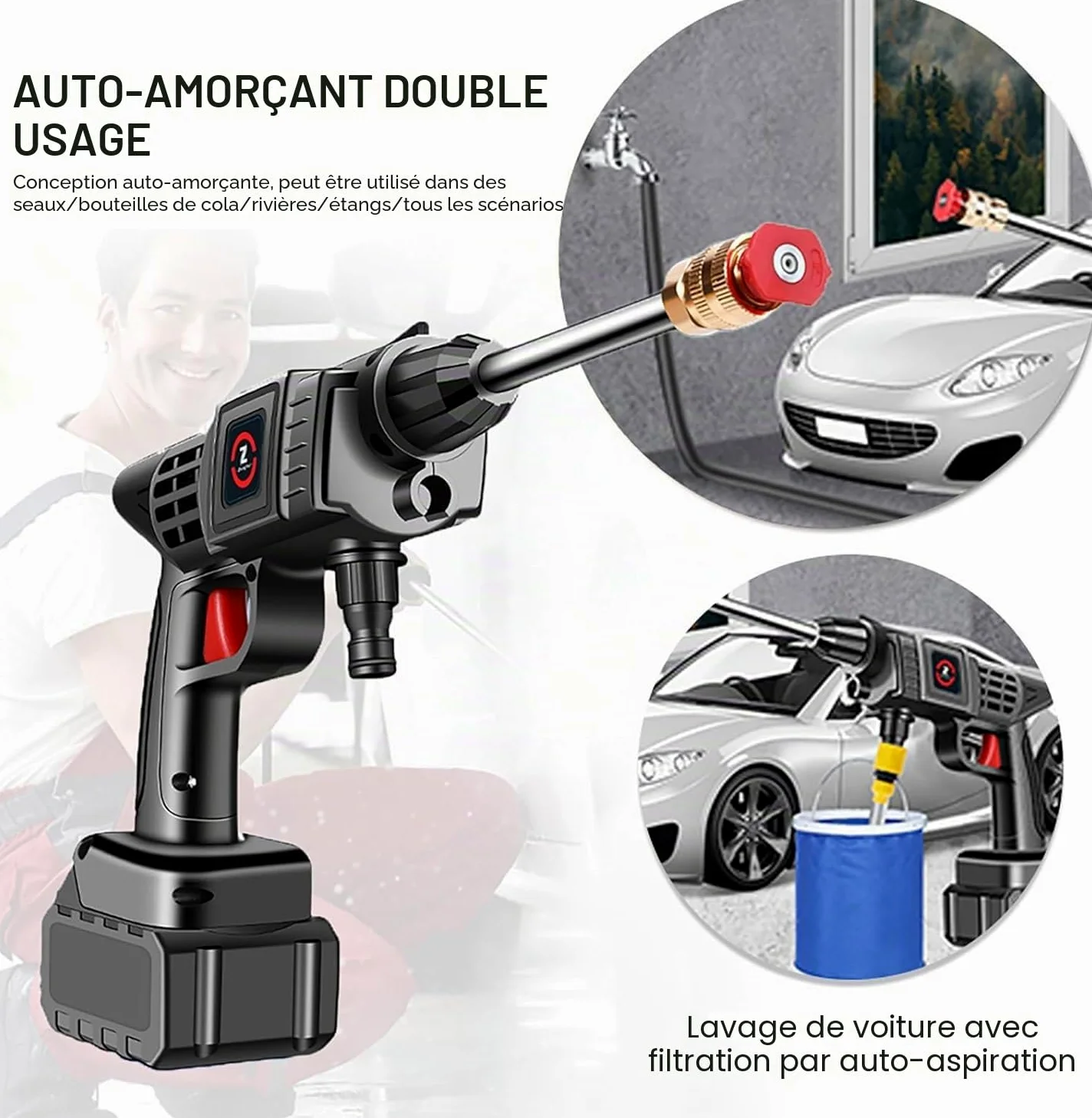 Nettoyeur Haute Pression sur Batterie, Max 50Bar Nettoyeur Haute Pression sans Fil avec Moteur Haute Puissance et Buse Multifonction 6 en 1 pour Lavage et Arrosage de Voiture (30000mah)