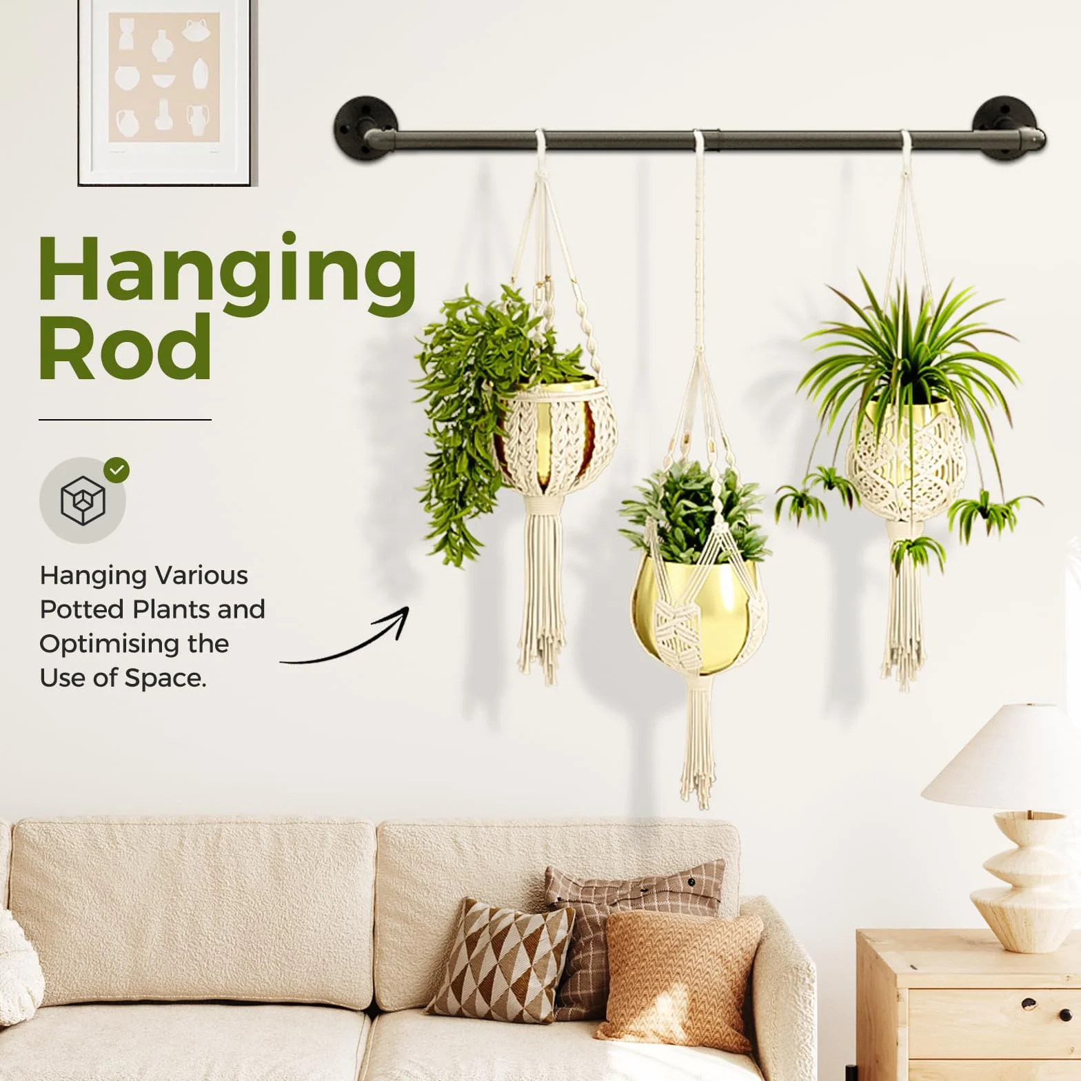 Bamworld Porte-Plantes Suspendues 92 cm Tringle Murale Métal