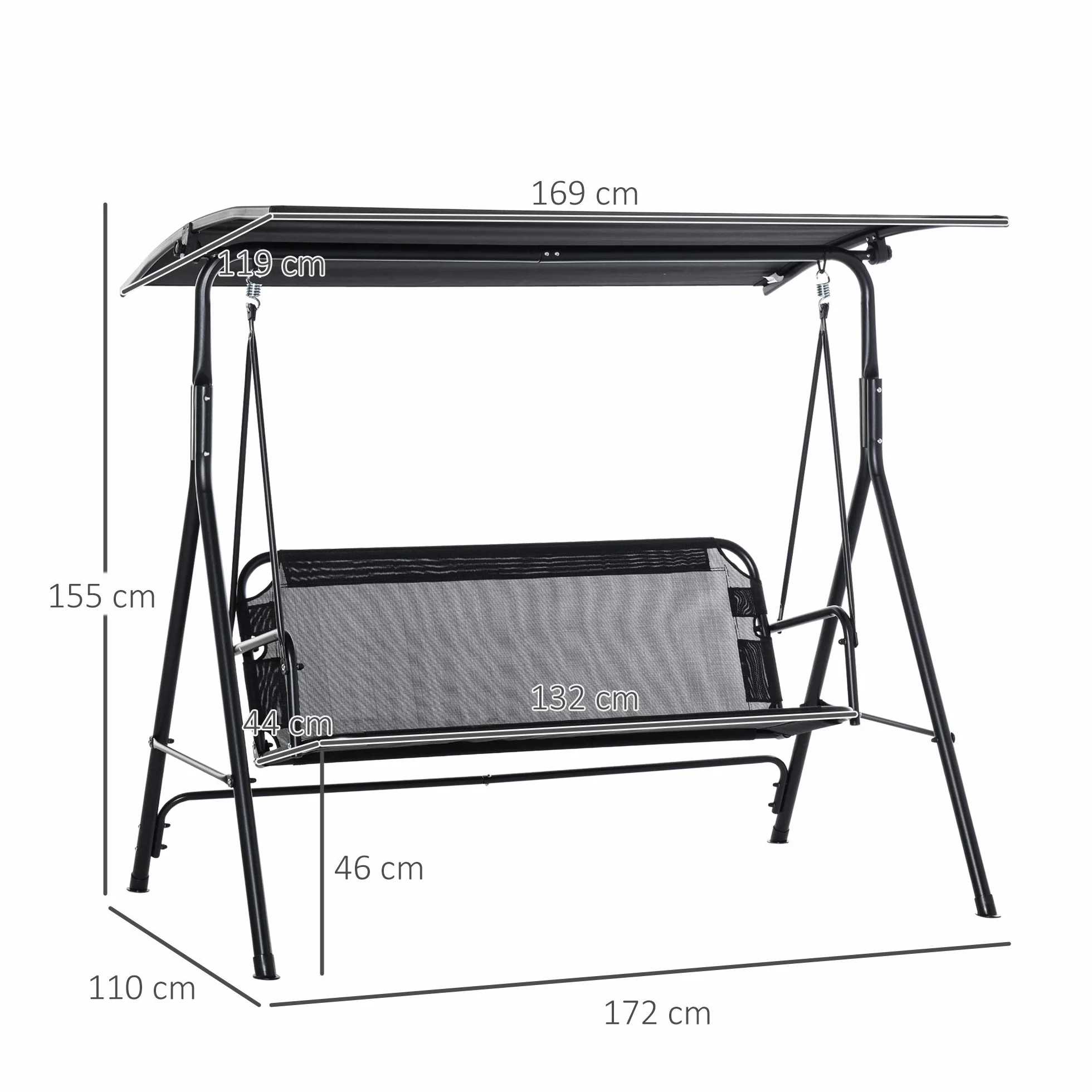Outsunny Balancelle de Jardin 2 Places, Toit Inclinaison réglable, Structure Acier, 172x110x155 cm, Noir