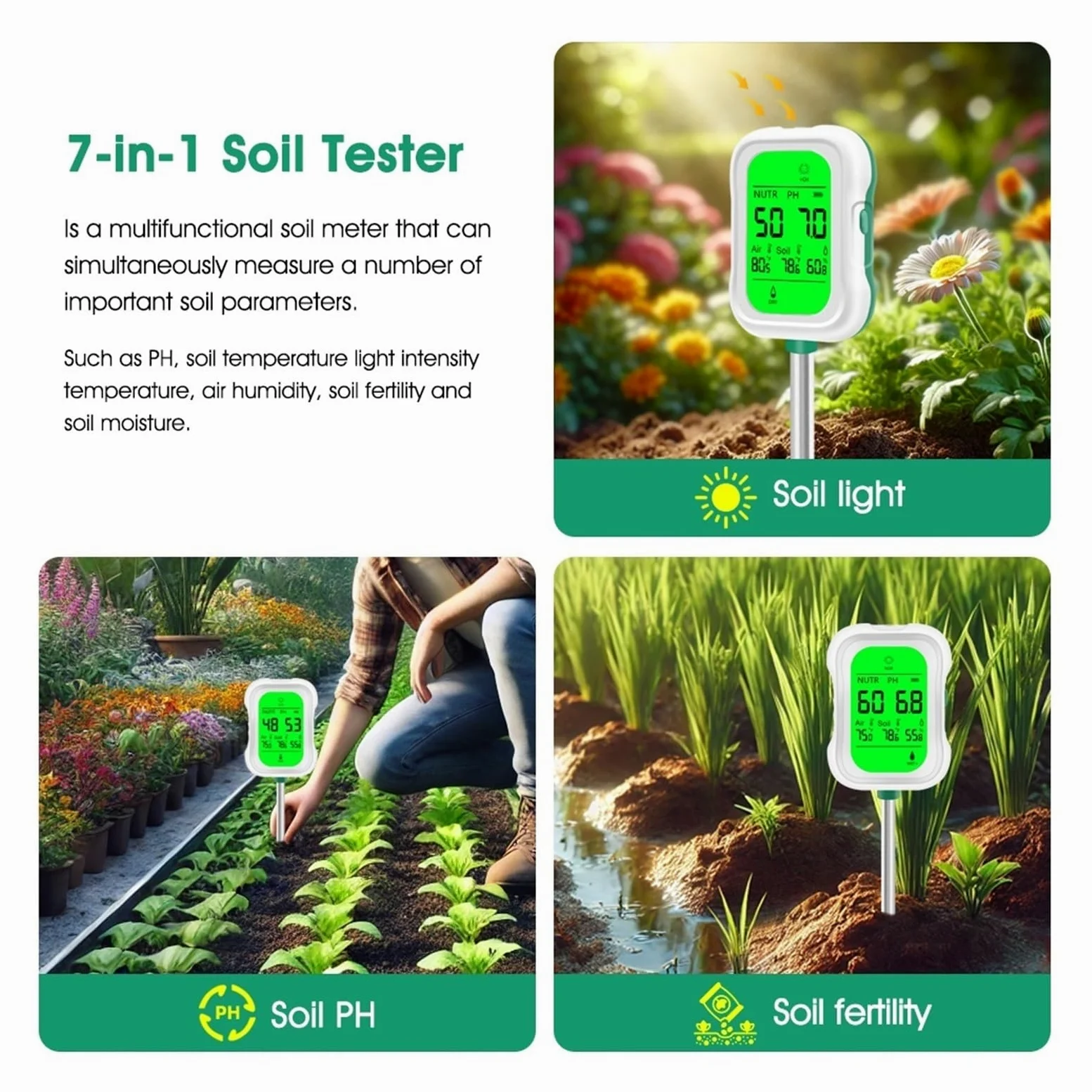Testeur de Sol numérique 7 en 1, pH, humidité, lumière, fertilité, température, for Plantes Jardin, Ferme, Agriculture Jardinage, Agriculture
