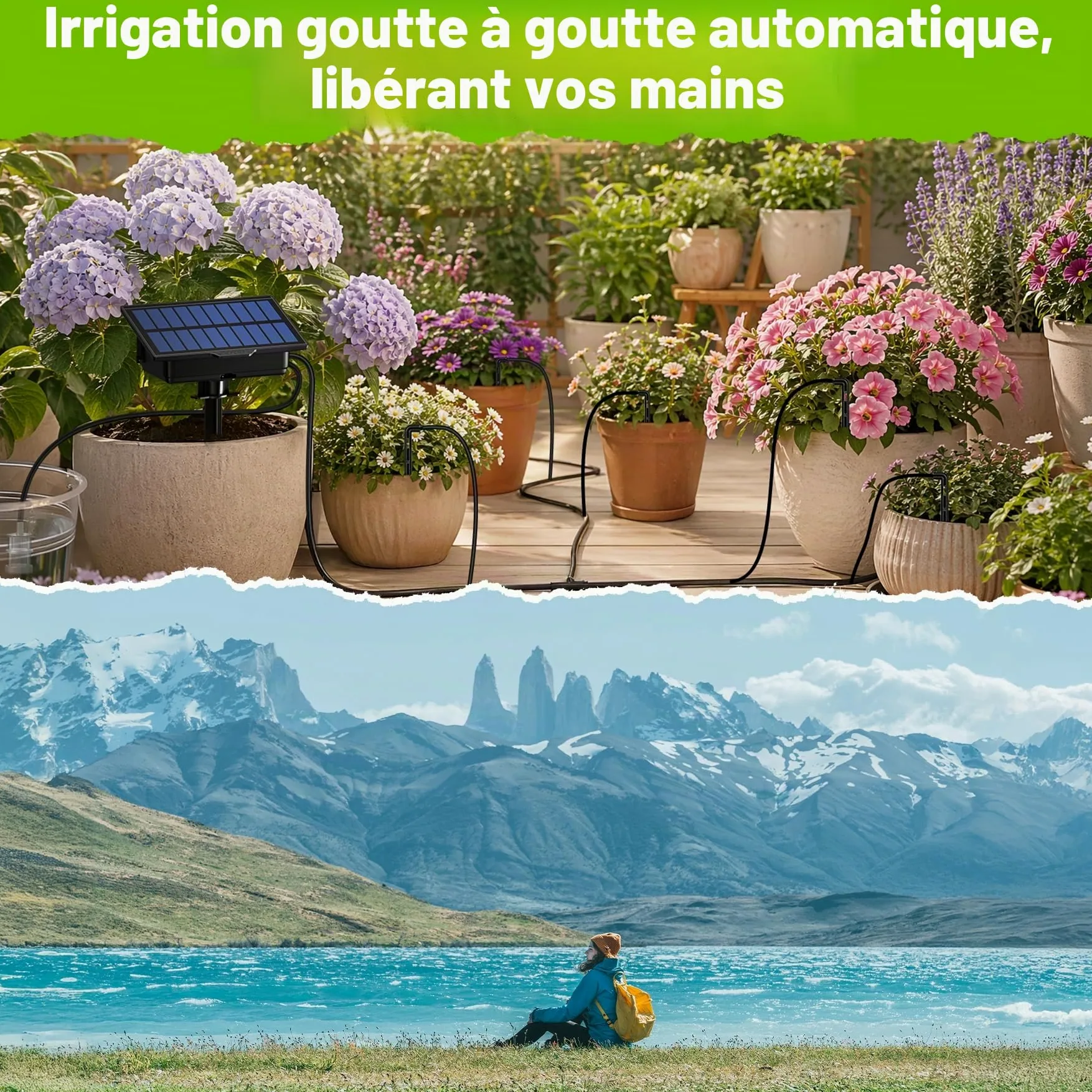 RAINPOINT Kit D'arrosage Goutte à Goutte Solaire, nouveau tuyau pour une distribution d'eau uniforme, kit d'irrigation automatique pour balcons avec 90 modes de minuterie + tuyau de 15 m, anti-siphon