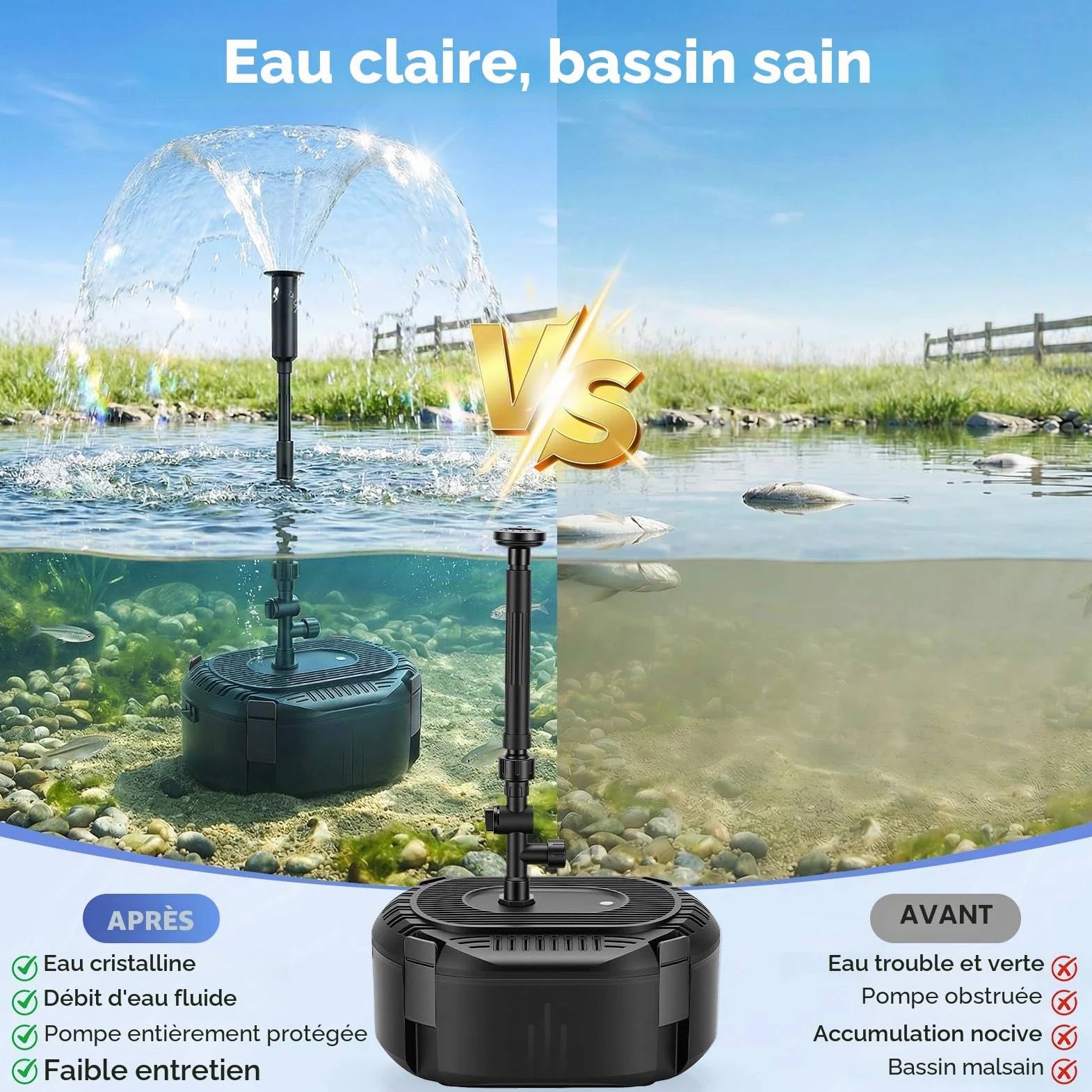 Pompe de bassin avec filtre 3000 l/h - Kit complet de filtre de bassin avec pompe 40 W, 3 buses à ressort (cloche/volcan/marguerites), filtration à plusieurs niveaux pour eau claire - Pompe