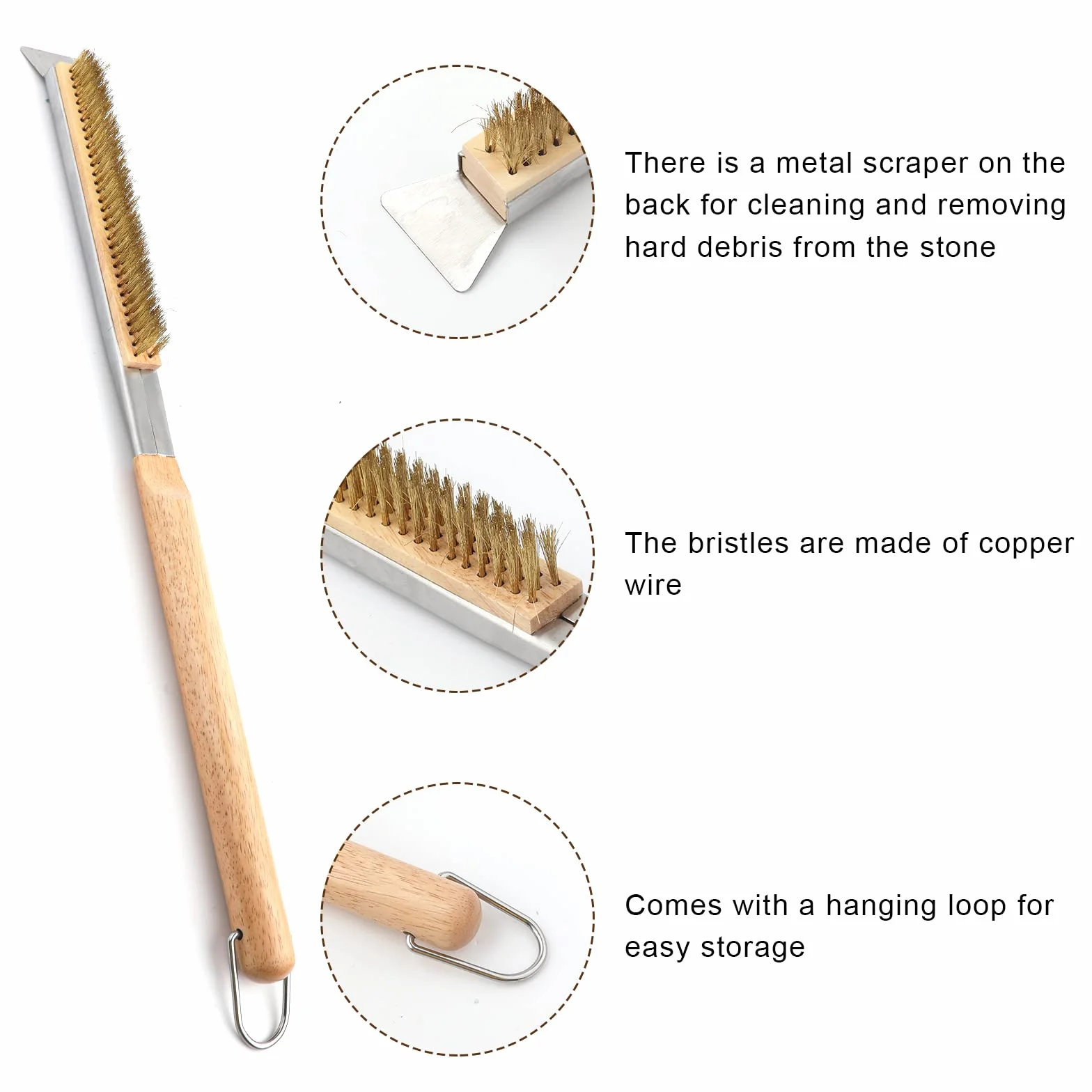 Brosse pour Four à Pizza avec Grattoir, Manche Long 55,5cm, Nettoyage en Laiton