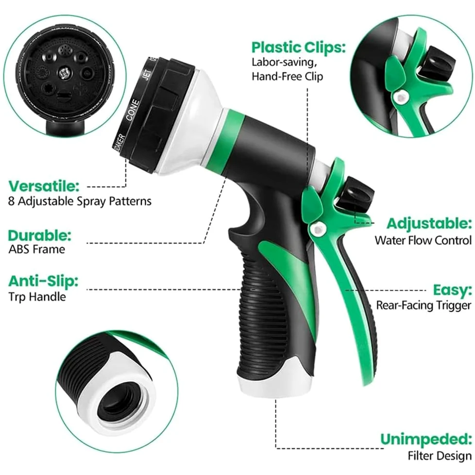 Tuyau d'arrosage extensible avec tissu extra résistant, buse de pulvérisation, étanche et léger pour arroser et laver (vert, 60 m)