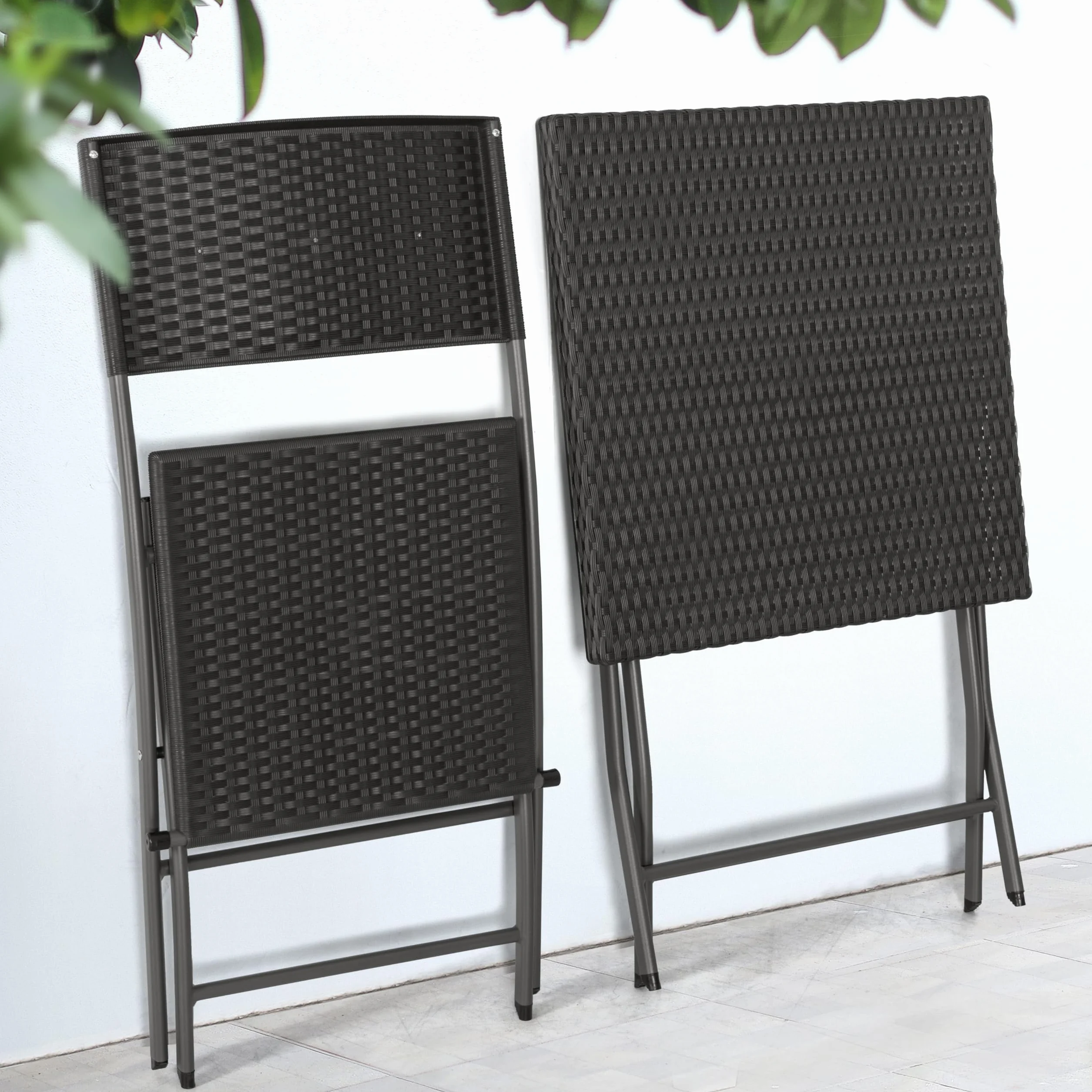 Avestar Ensemble de Bistrot Pliable 3 Pièces Table & 2 Chaises en Rotin PP, Résistant aux Intempéries, Noir