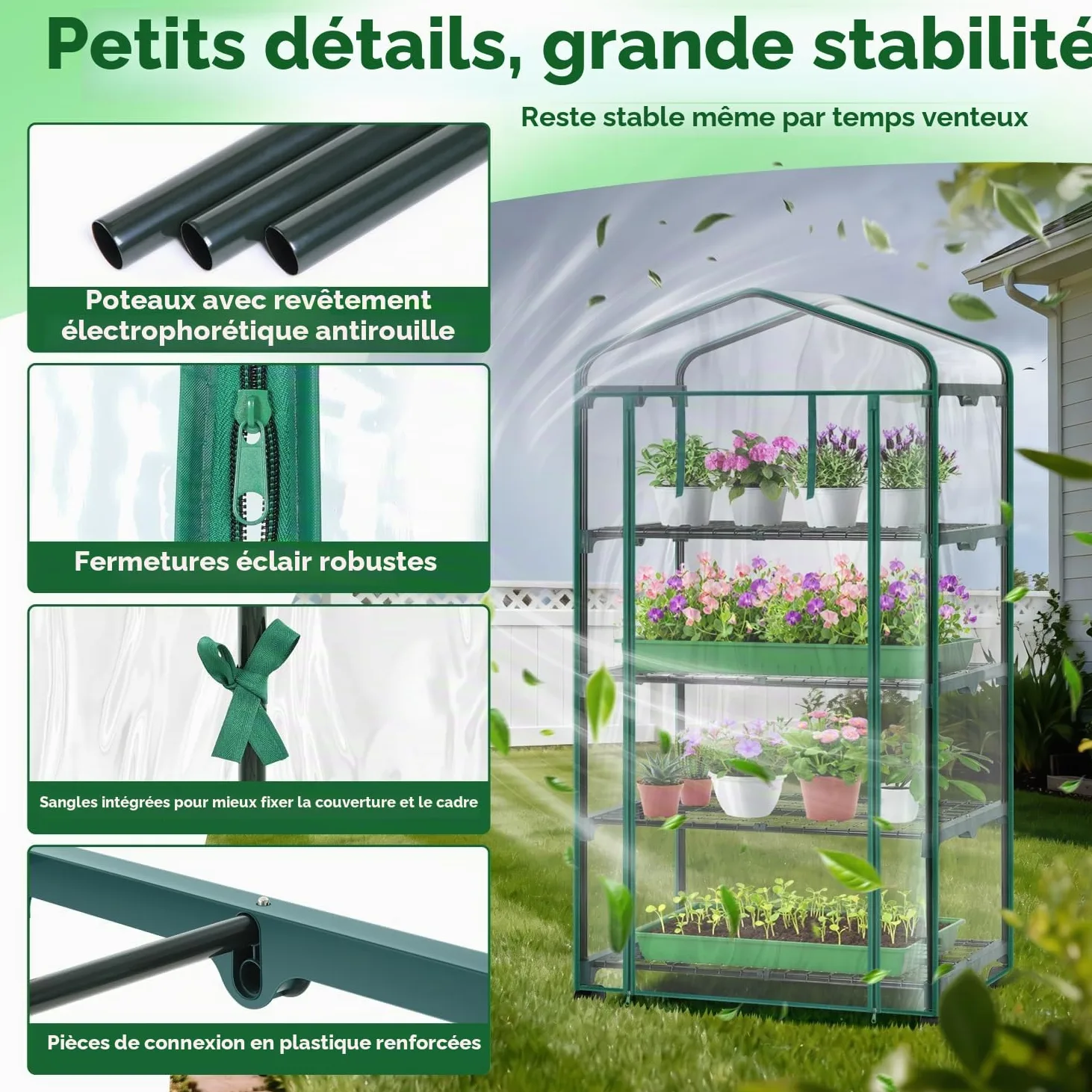 Ohuhu Petite Serre en Film Plastique de qualité supérieure avec Roues de Verrouillage - avec 4 étagères - Peu encombrante - pour Balcon et Jardin - 69 x 48 x 162 cm - Transparent