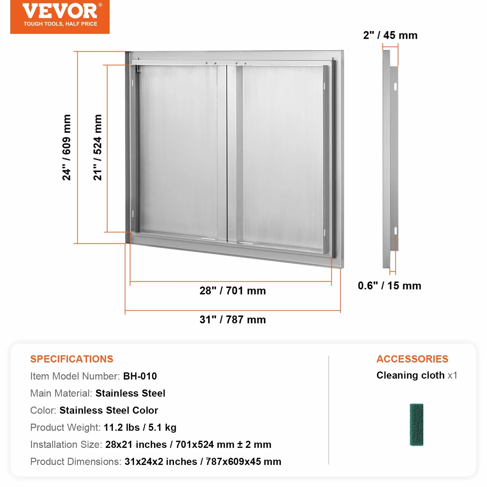 VEVOR Porte d'Accès pour Barbecue Double 787x609x45 mm Inox Encastrée Poignée Îlot de Barbecue