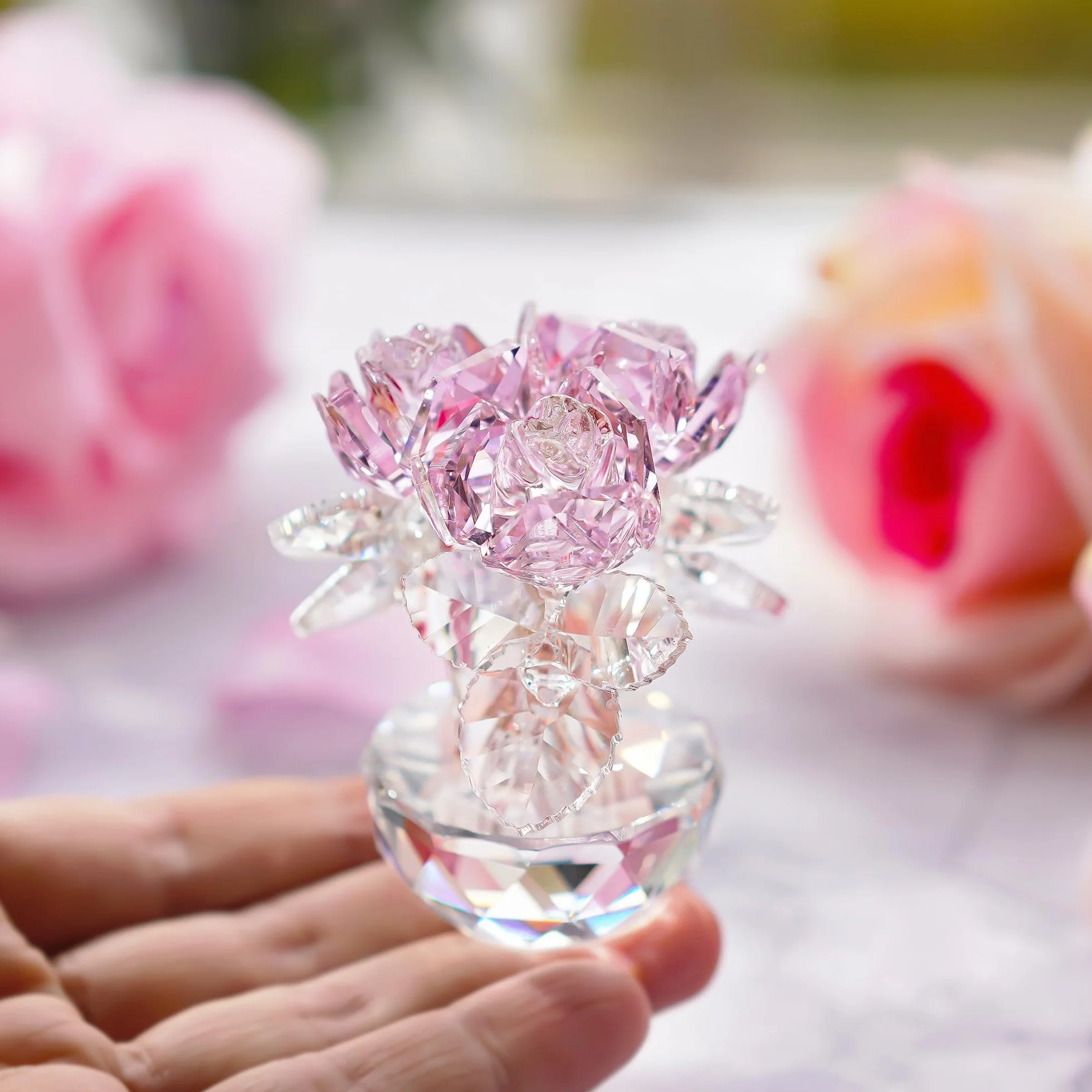 Bouquet de Roses en Cristal Rose - Figurine en Verre pour la fête des mères