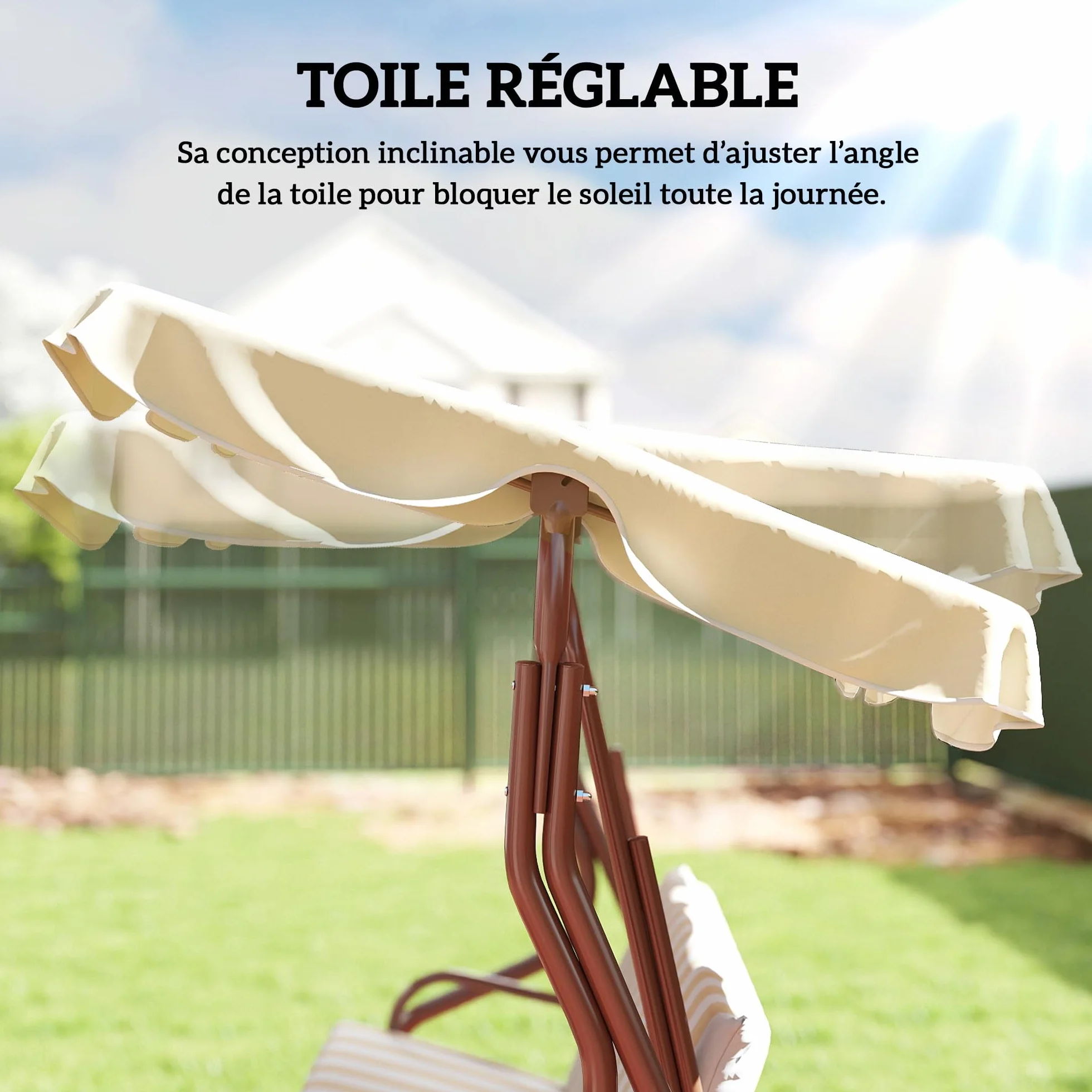Outsunny Balancelle de Jardin 3 Places Toit imperméabilisé Inclinaison réglable Acier Polyester Marron crème rayé