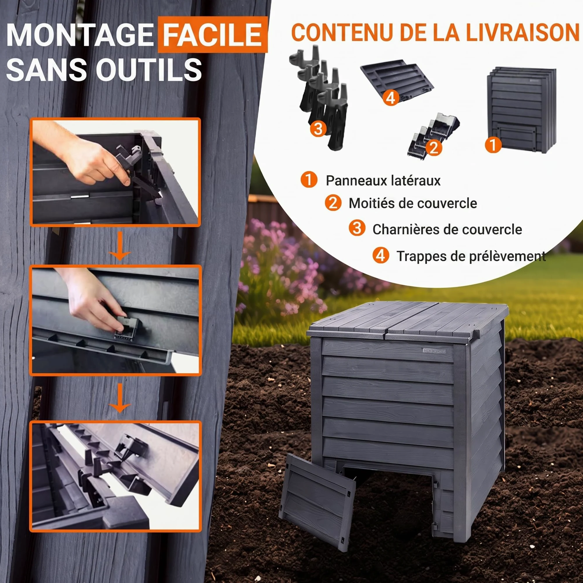 GARANTIA Thermo-Wood Composteur de Jardin 600L Brun | Bac à Compost Extérieur en Bois Recyclé, Écologique Robuste pour Déchets Organiques et Jardin