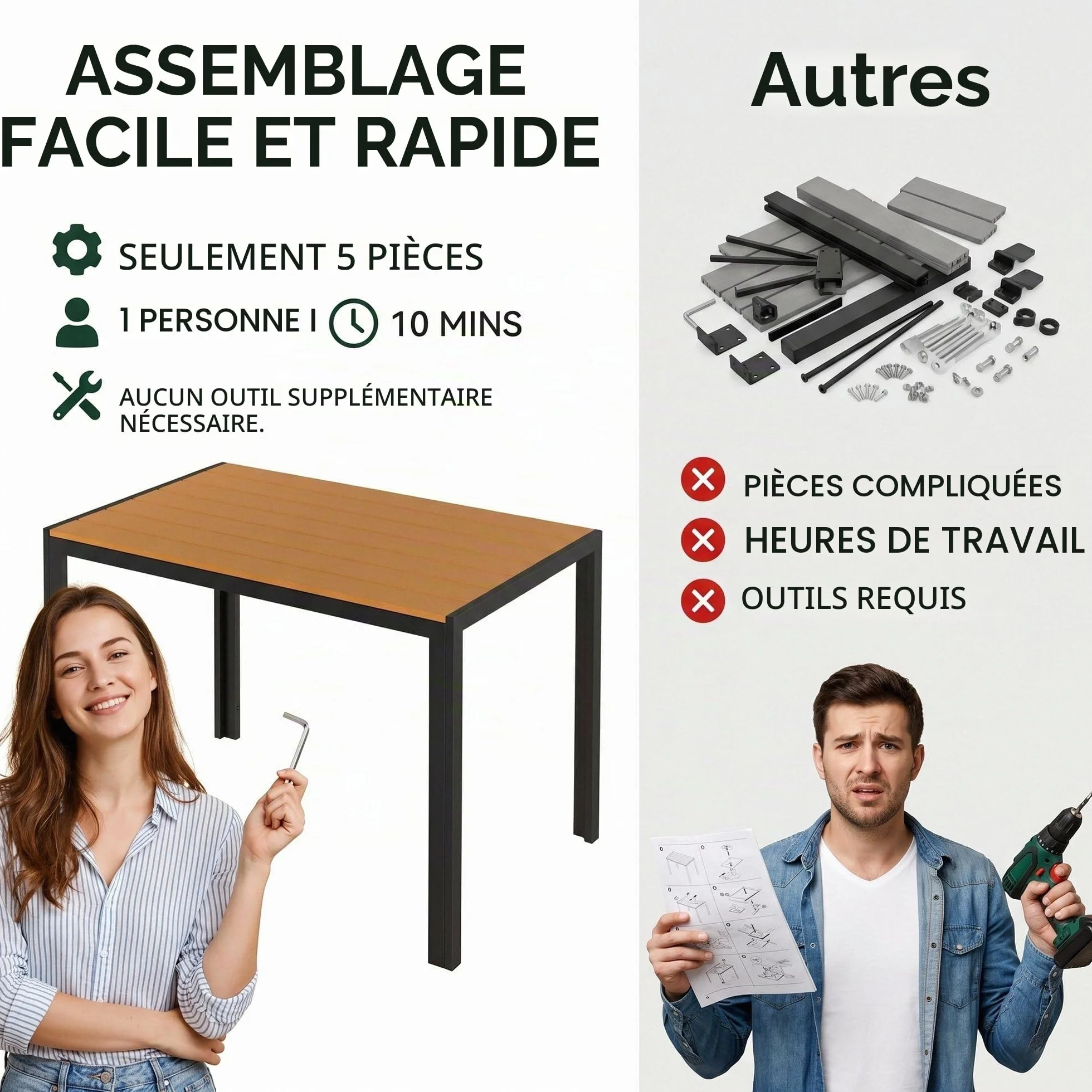 LIFERUN Table de Jardin 110x70 cm WPC pour 4-6 Personnes avec Cadre en Aluminium Brun Teck