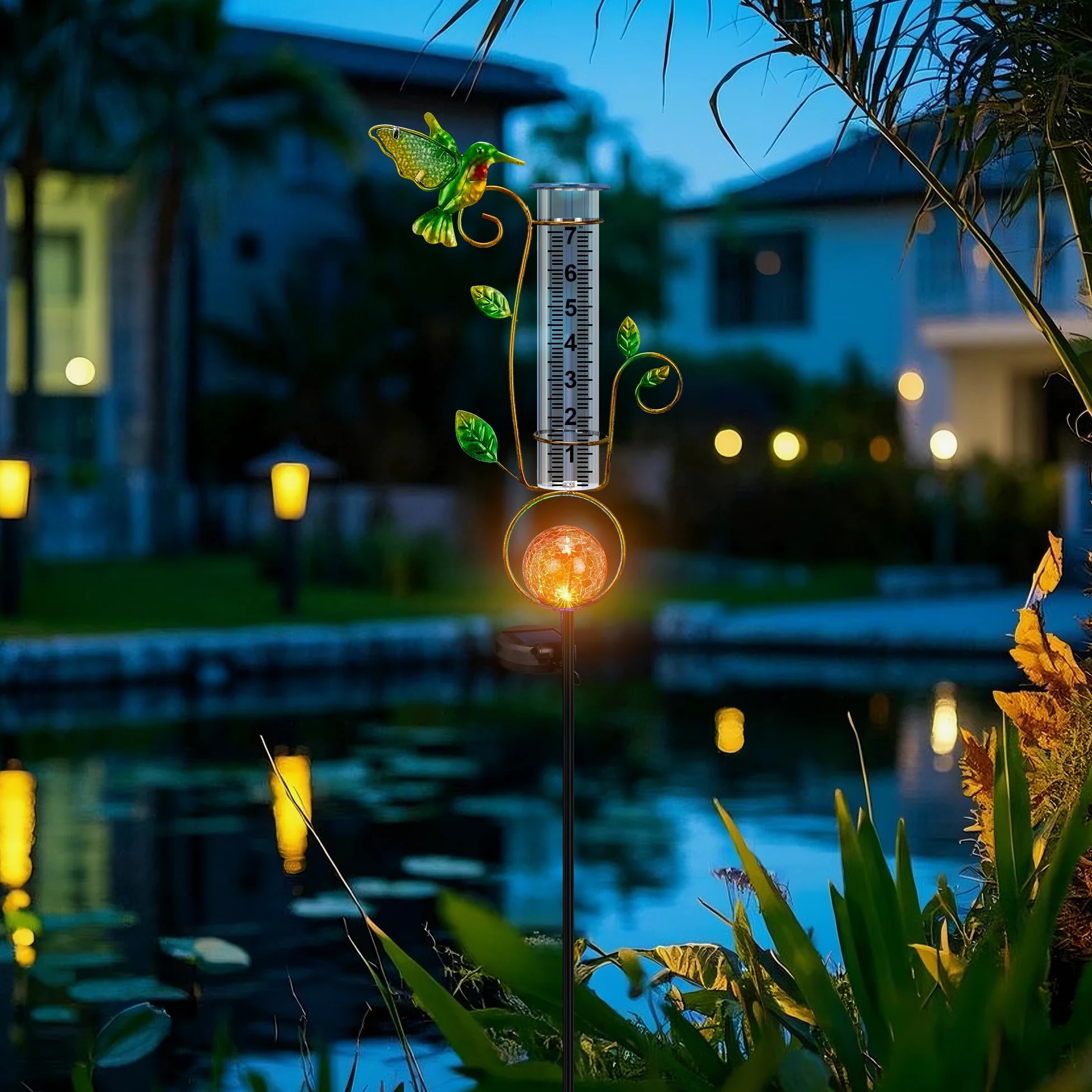 Pluviomètre d'extérieur – Jauge de pluie solaire en forme de colibri décorative avec lumières LED à changement de couleur en forme de boule fissurée de 17,8 cm Tube résistant au gel pour l'extérieur