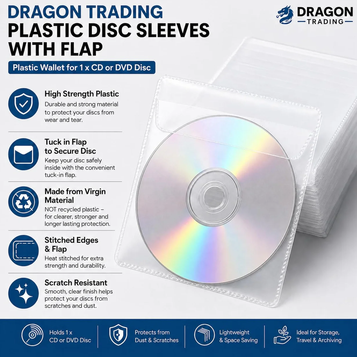 Dragon Trading 25 x CD DVD Disque transparent Housse plastique 150 Micron Wallet