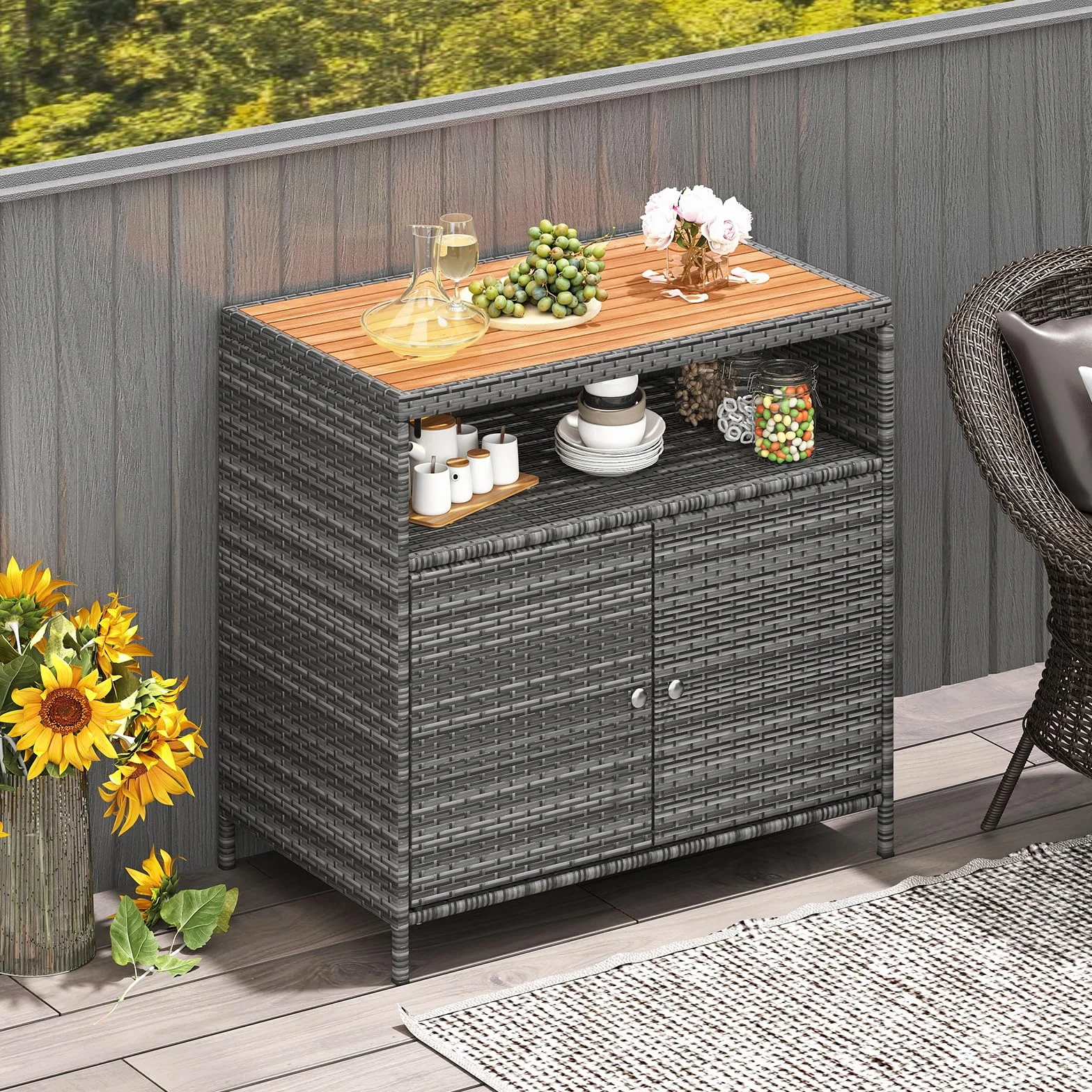 COSTWAY Armoire de Rangement Exterieur en Rotin, Jardin avec Plateau en Bois d'Acacia, Buffet 2 Portes, Gris