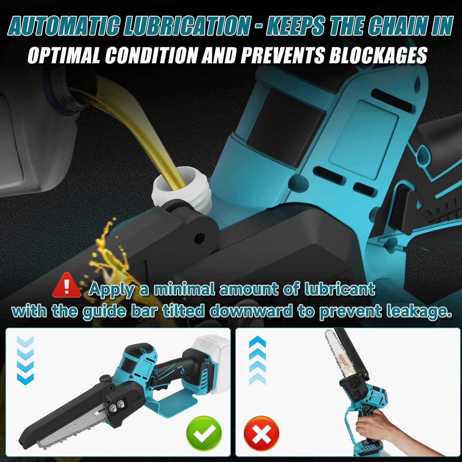 Mini tronçonneuse sans fil compatible avec Makita 18 V (sans batterie) | tronçonneuse électrique de 20,3 cm et 15,2 cm avec chaîne, huile automatique, scie à chaîne pour outils de jardin