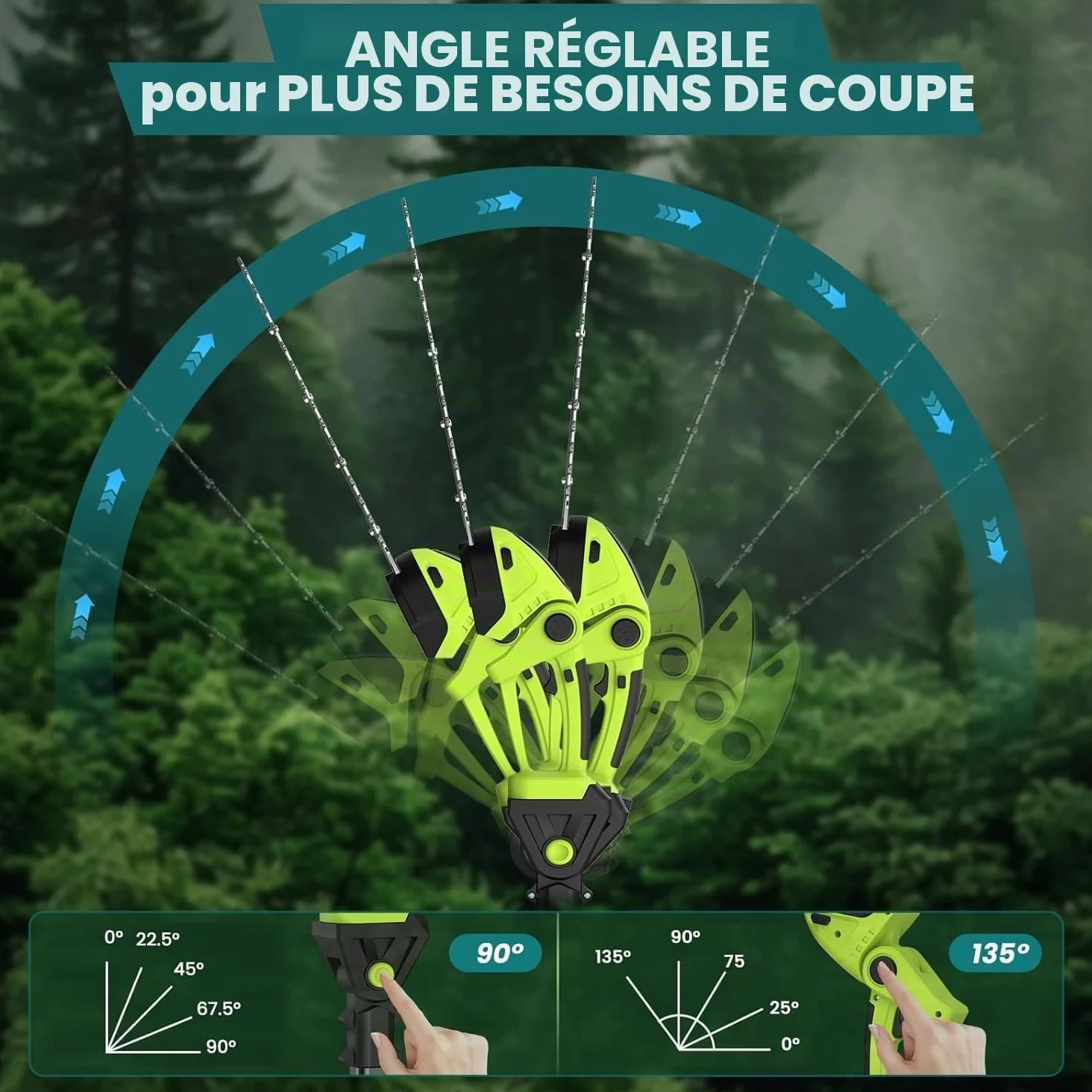 Tronçonneuse Électrique et Taille Haie sans Fil avec Perche 4 en 1, Élagueuse sur Perche avec 4 Chaînes 2 Batteries Taille Haies Telescopique, Angle Réglable, Idéal Jardin Verger Élagage/Taille Haie