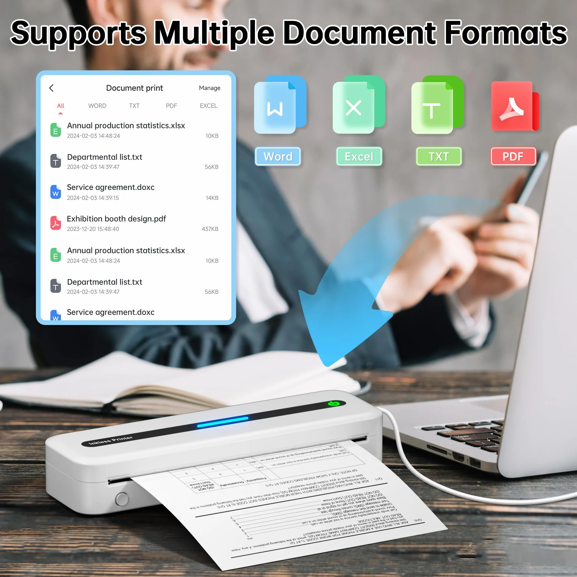 Imprimante Thermique Portable A4 Bluetooth sans Encre, Thermique Compacte Support Papier A4