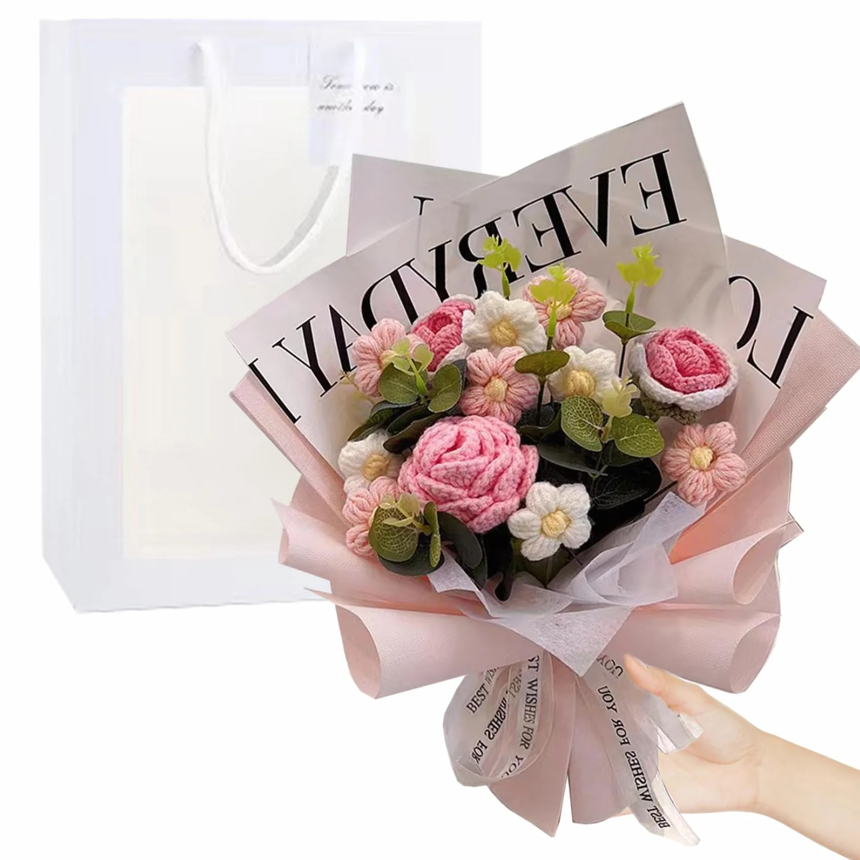 Bouquet de Fleurs au Crochet, Fleurs tricotées réalistes avec Sac pour Fête des Mères, Saint-Valentin
