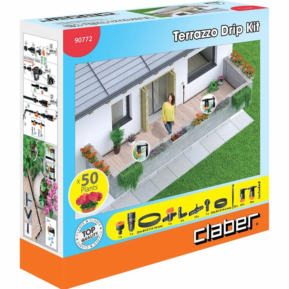Claber Kit Terrasse pour installation d’irrigation goutte à goutte jusqu’à 50 plantes