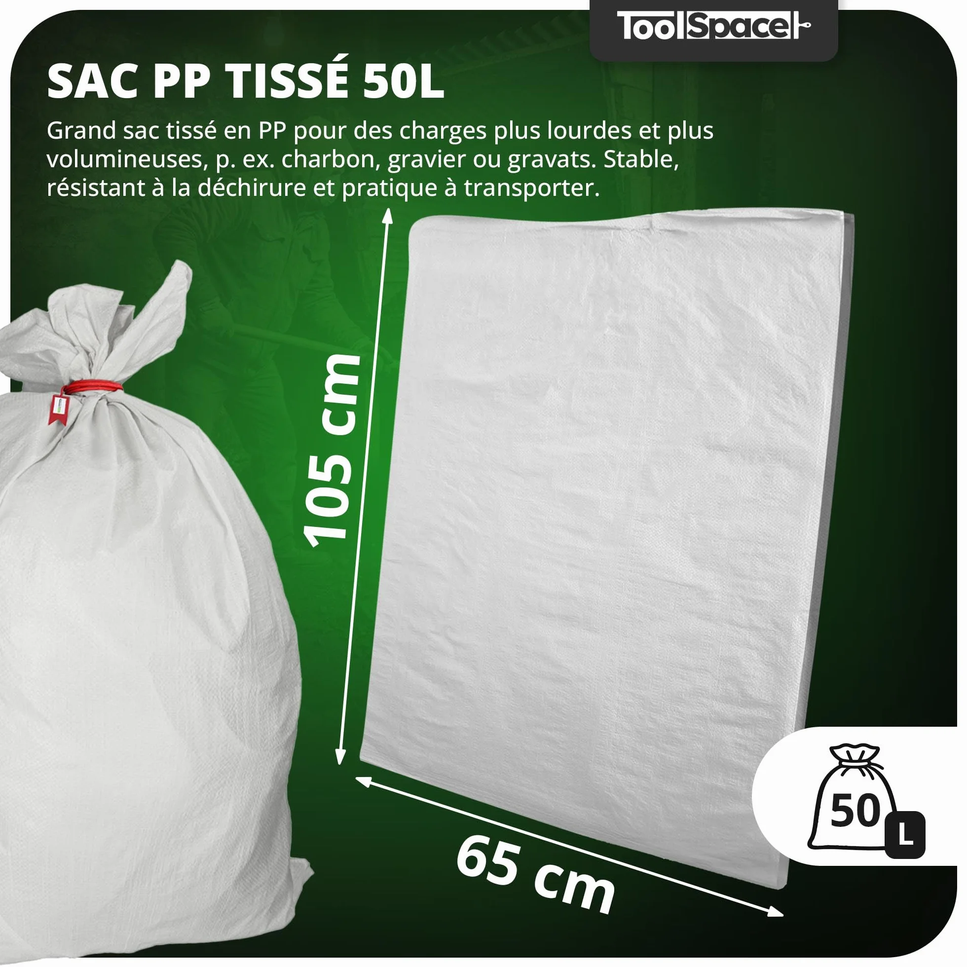 ToolSpace Sac à Gravats PP Tissé 65×105 cm Polypropylène 50 kg Réutilisable