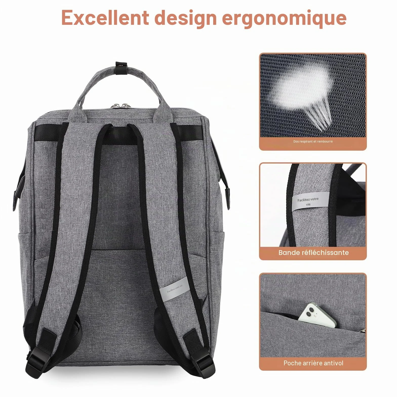 Lekesky Sac à Dos Ordinateur Portable Femme 15.6 Pouces Antivol Imperméable Gris/Noir
