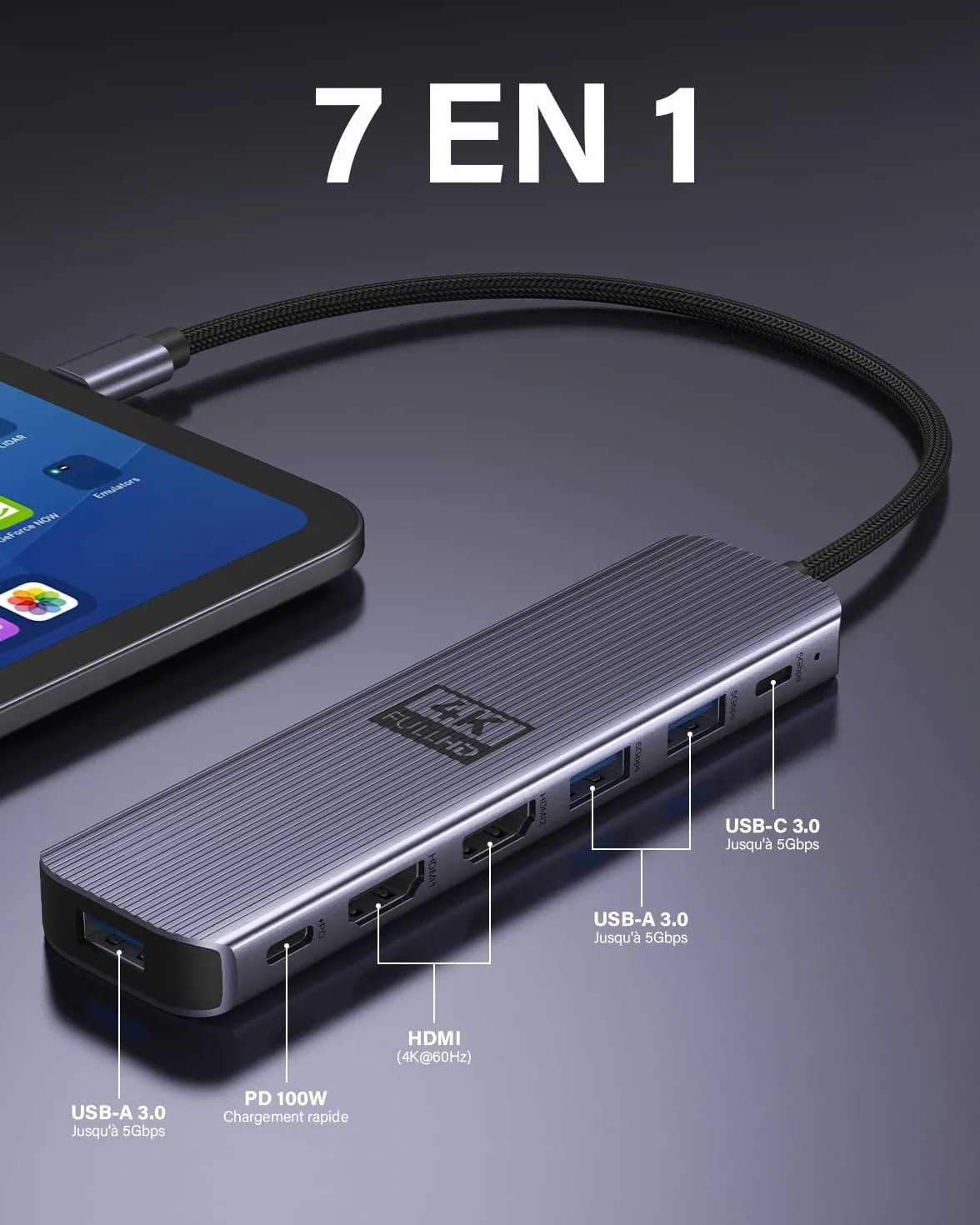 Newmight 7 en 1 Station d'accueil USB-C Double HDMI 4K60Hz 2 Ports HDMI 3 Ports USB 3.0 Charge PD 100W