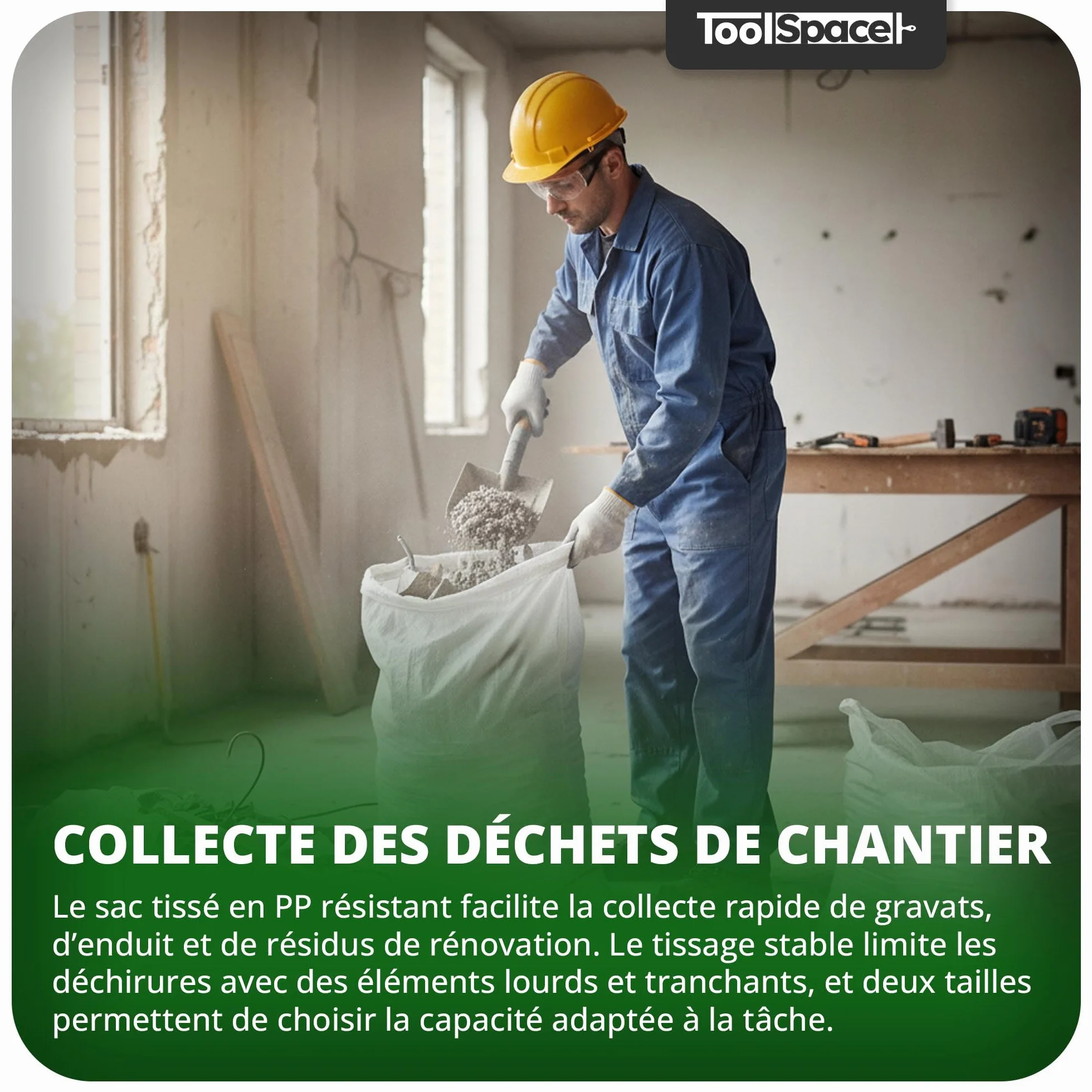 ToolSpace Sac à Gravats PP Tissé 65×105 cm Polypropylène 50 kg Réutilisable