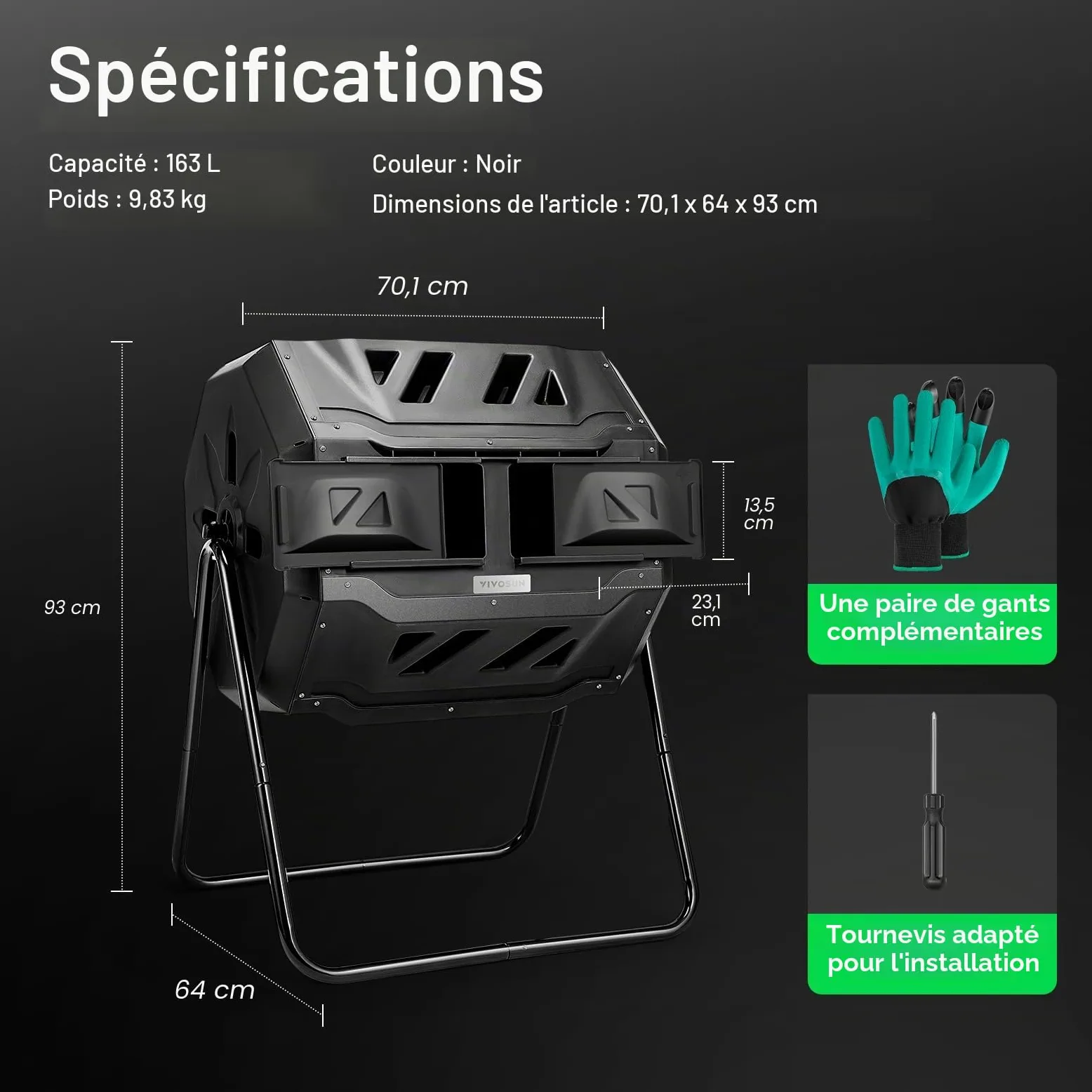 VIVOSUN Composteur d'extérieur Rotatif à Double Lots, 120 litres avec Porte Noire