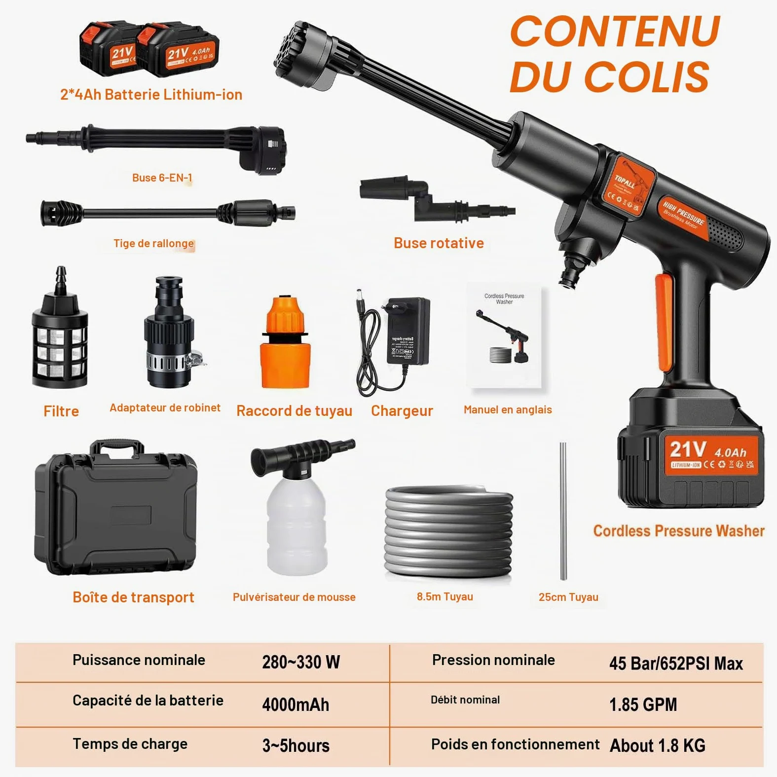 TOPALL Nettoyeur Haute Pression sans Fil,Pistolet Nettoyeur Haute Pression sur Batterie,Max 45Bar Laveur Pistolet Haute Pression avec 2 * 4000mAH Batteries|Tuyau de 8.5M|6-en-1 Buse|Rotative Buse
