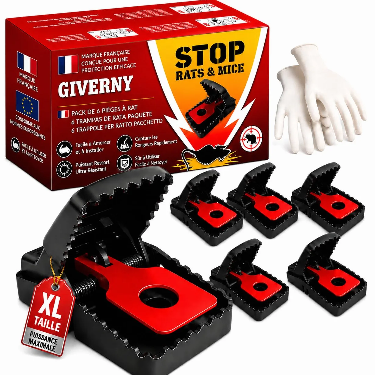 GIVERNY Piège à Rats XXL Lot de 6 Tapette Ultra-Puissante Réutilisable Anti Rongeurs Non Toxique Intérieur Extérieur