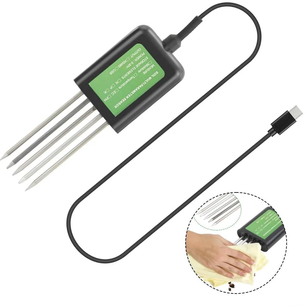 Sonde de sol USB 7 en 1 Testeur de sol avec PH/EC Température Humidité NPK Analyse de l'humidité IP68 Étanche Interface USB pour appareils Android pour l'agriculture, le jardinage et la