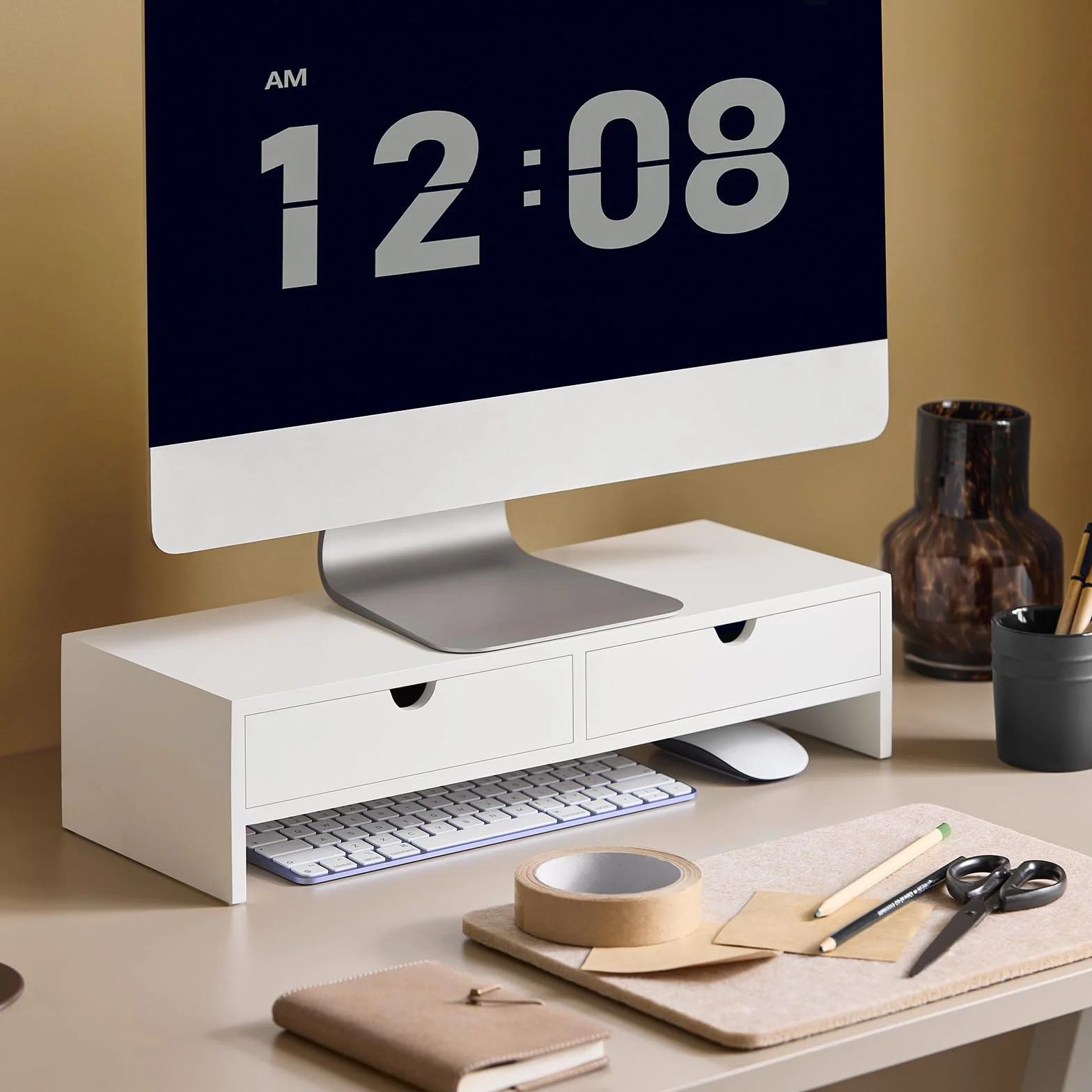SoBuy Support Écran PC Rehausseur Bureau 2 Tiroirs Rangement Moniteur Universel Ordinateur Portable Blanc 47x18x11cm BBF02-W