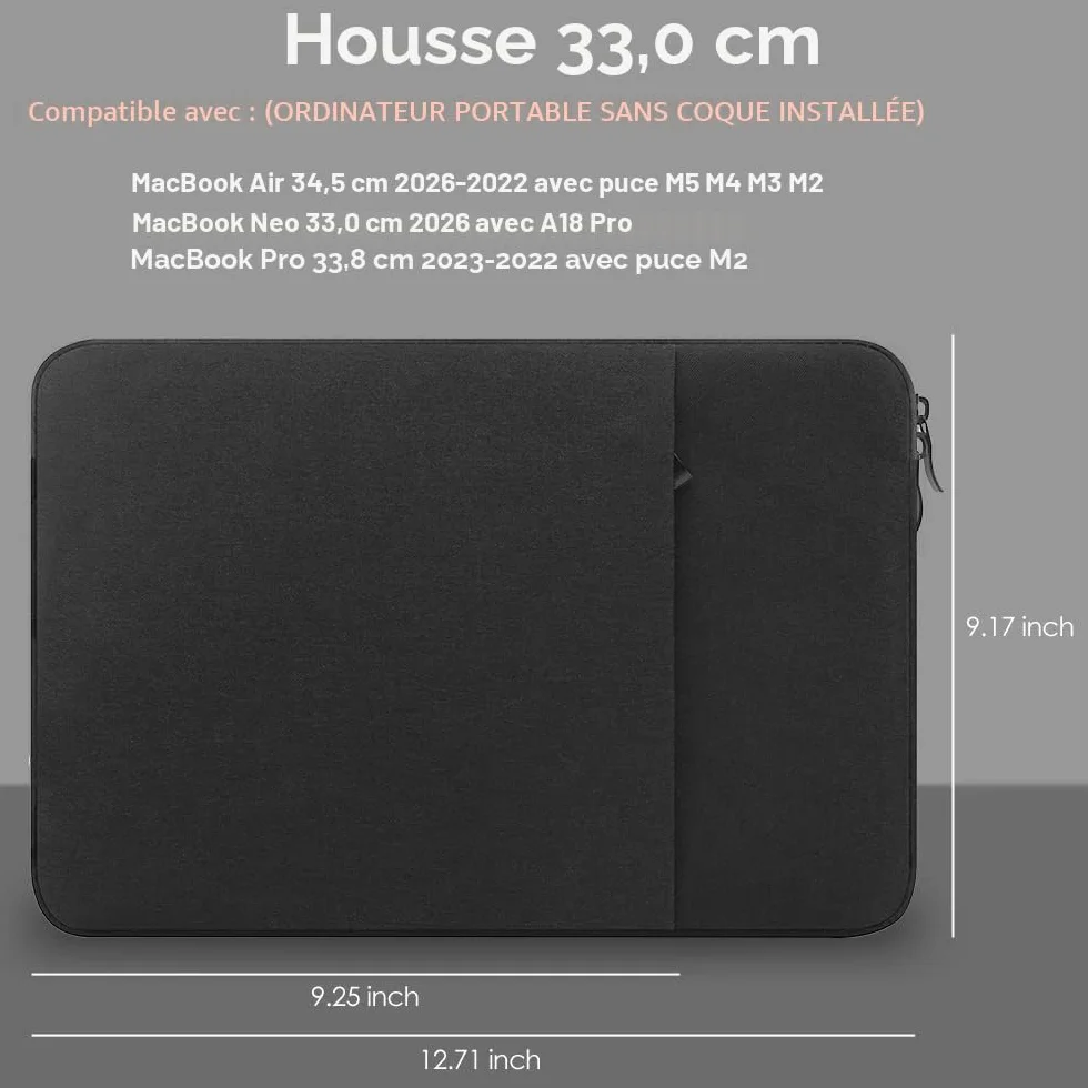 Housse de Protection 13 Pouces pour MacBook Air 13,6" M5/M4/M3/M2 (2026-2022) & MacBook Neo 13" 2026 (A18 Pro) – Étui Résistant à l'Eau Noir