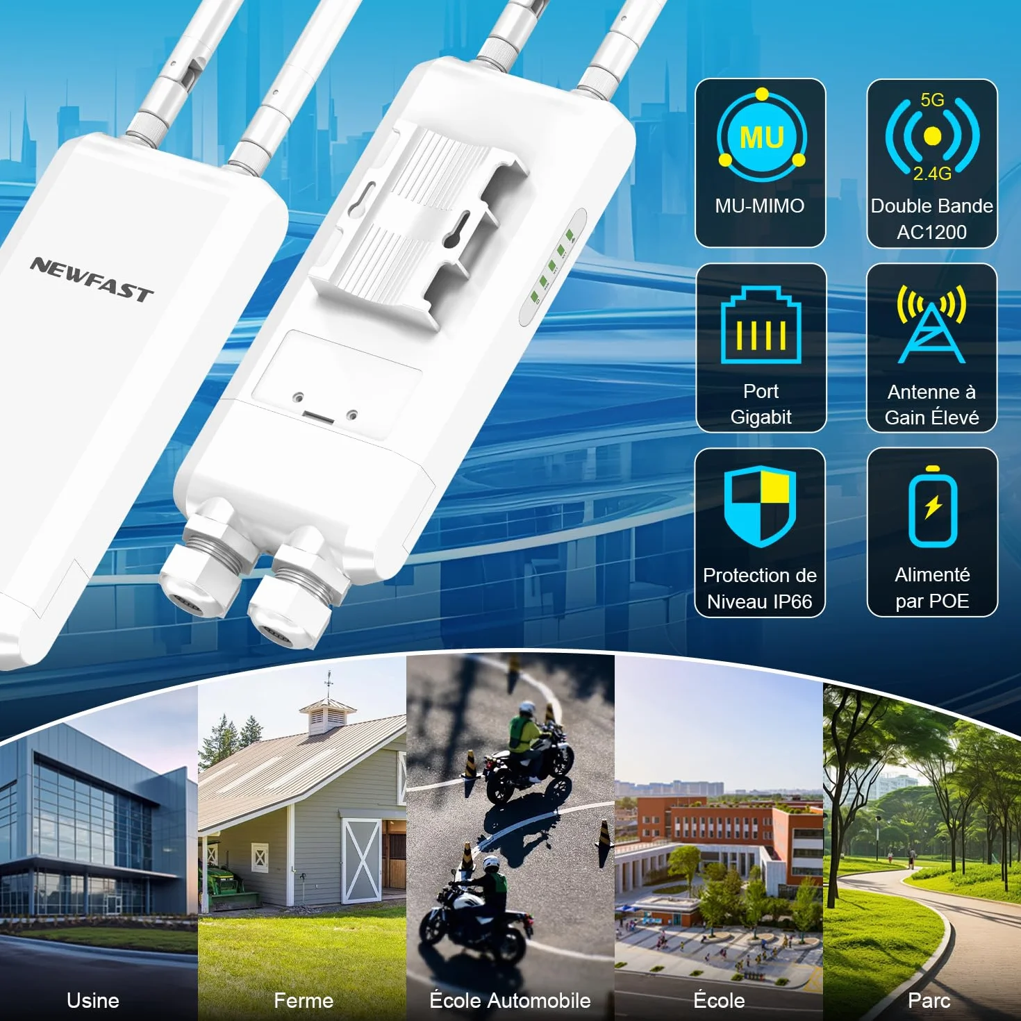 NEWFAST NF-A882 Point d'accès WiFi Extérieur AC1200 IP66 Répéteur WiFi Longue Portée Gigabit LAN/WAN Double Bande