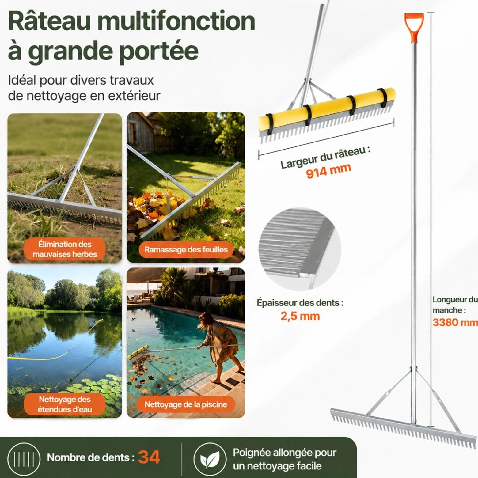 Râteau en Aluminium pour Feuilles et Mauvaises Herbes Aquatiques, Outil Manuel avec Manche et Corde pour Bassin, Piscine, Jardin et Nettoyage des débris flottants