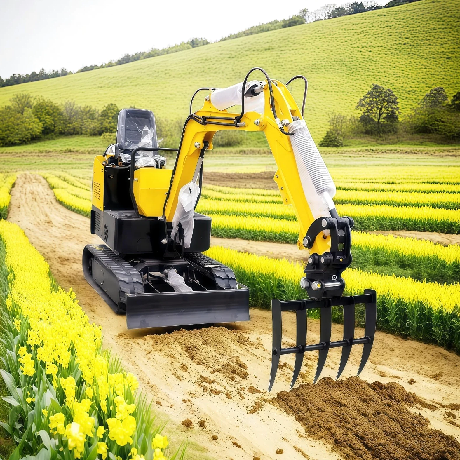 Râteau hydraulique inclinable pour mini excavatrices de 0,8 à 2 tonnes et micro-pelleteuses, trou de broche de 25 mm d'envergure de 90 mm