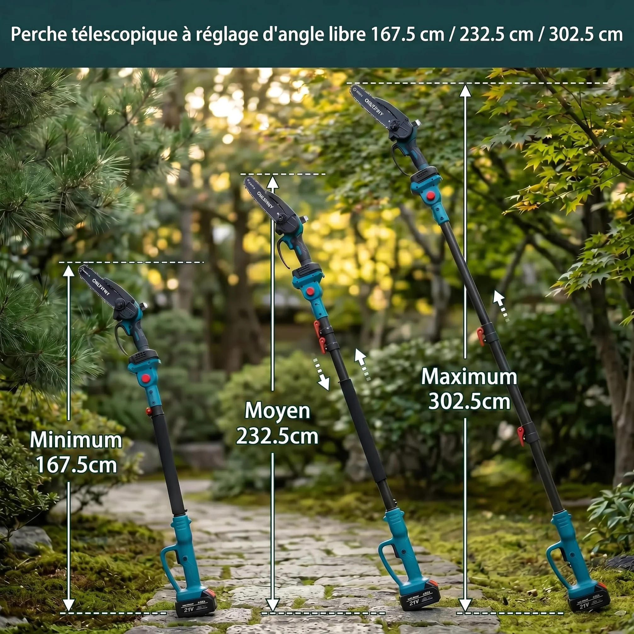 Tronçonneuse élagueuse 2-en-1 8 pouces moteur brushless 21V, perche télescopique, 2 batteries 4,0 Ah, verrouillage sécurité outil d'élagage arbres fruitiers jardin