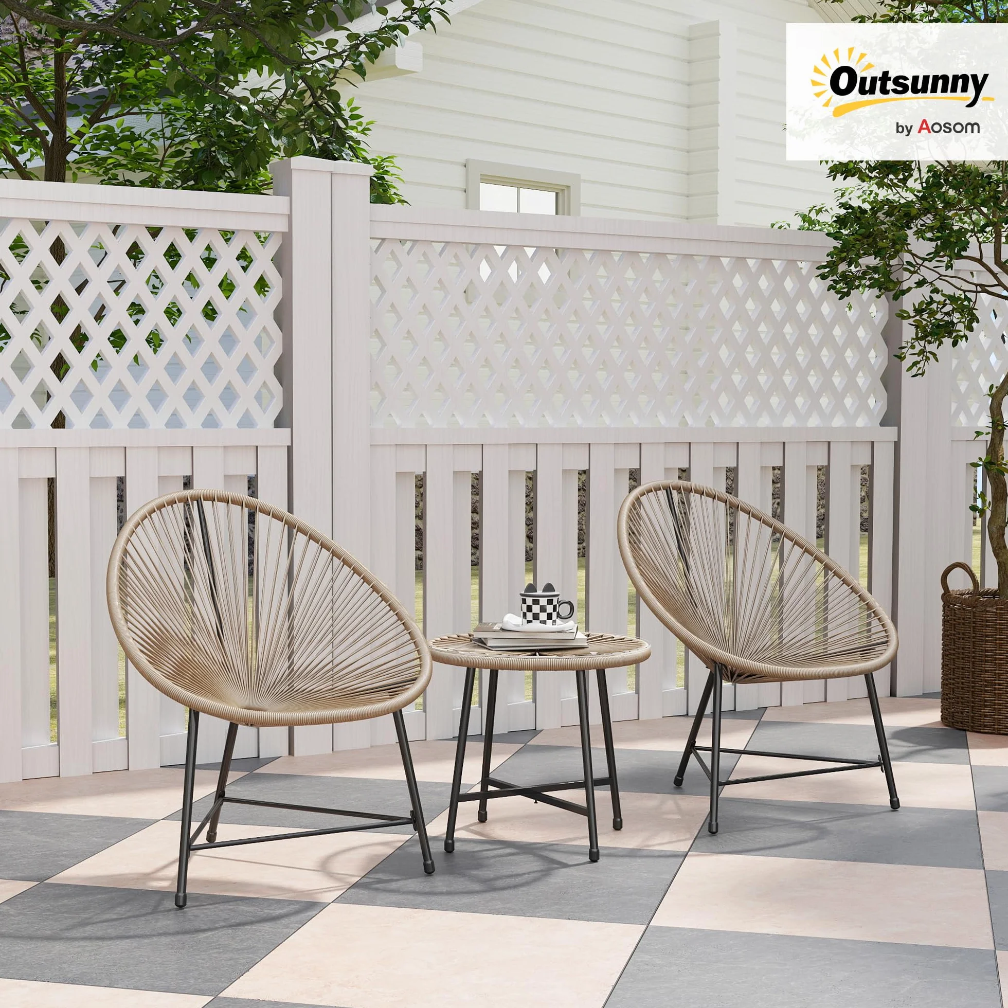 Outsunny Salon de Jardin extérieur en résine tressée 2 Personnes, Table avec 2 chaises, Plateau en Verre trempé, Naturel