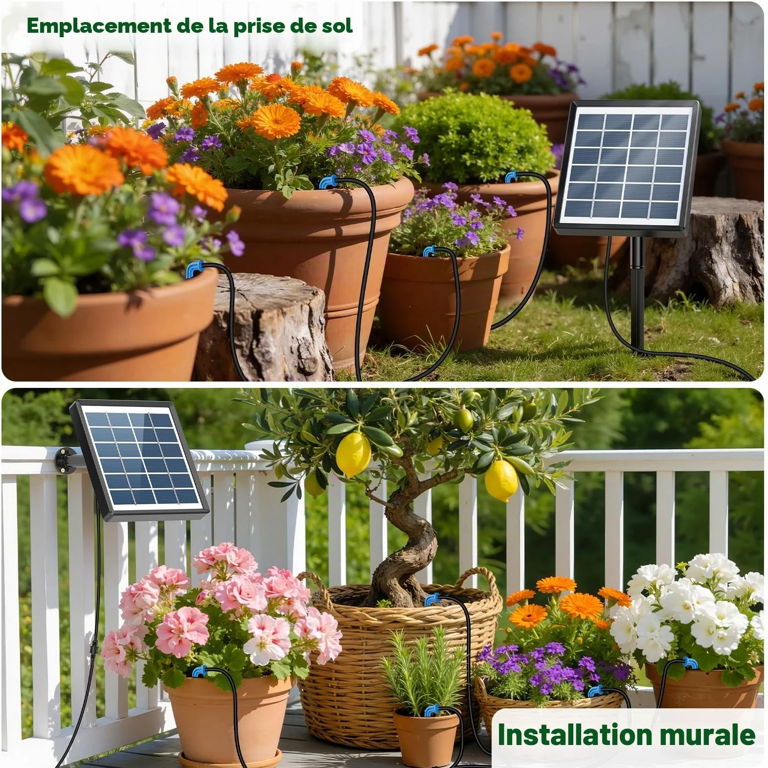 Kit d'Arrosage Automatique Solaire, Système Goutte à Goutte 15m | Avec Tuyau, Seau et 10 Pots de Fleurs, Programmateur Automatique pour Vacances, Balcon et Plantes en Pot