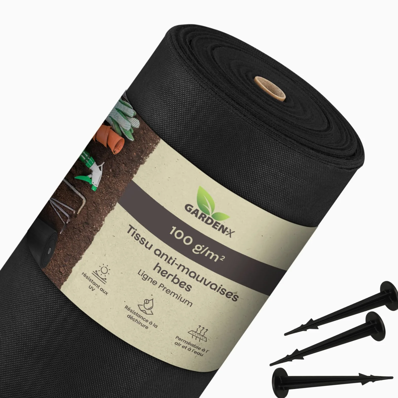 GARDENIX Toile Anti-Mauvaises Herbes - 100 m² - avec 100 piquets - 1 m x 100 m - Perméable à l'eau - 100 g/m² - Noir - Résistant aux UV - pour Plate-Bande surélevée - Film Anti-Mauvaises Herbes