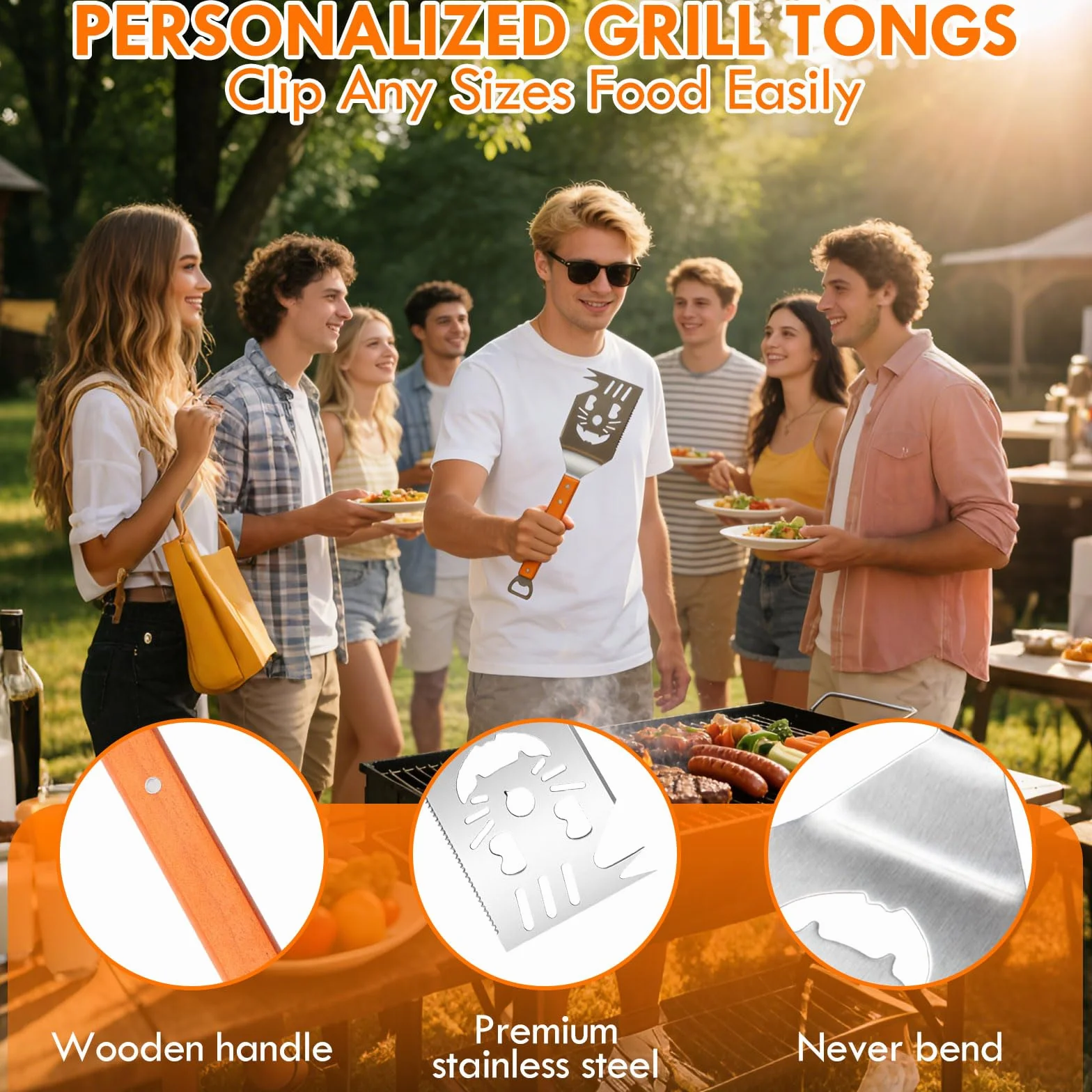 Ensemble d'ustensiles de barbecue en acier inoxydable 4 pièces avec pinces, spatule, fourchette à viande, manches en bois