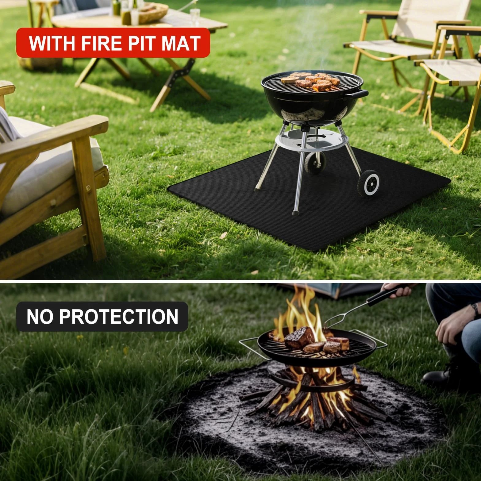 Tapis de brasero carré double face ignifuge résistant à la chaleur imperméable 100 x 100 cm noir