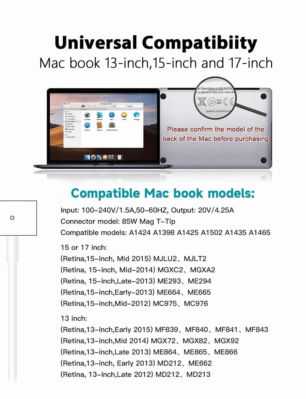 Chargeur 85W Ordinateur Portable Adaptateur Magnétique Compatible MacBook Air Pro 13 15 17 Pouces 2012-2017 A1398 A1425 A1424 A1465 A1466 A1502