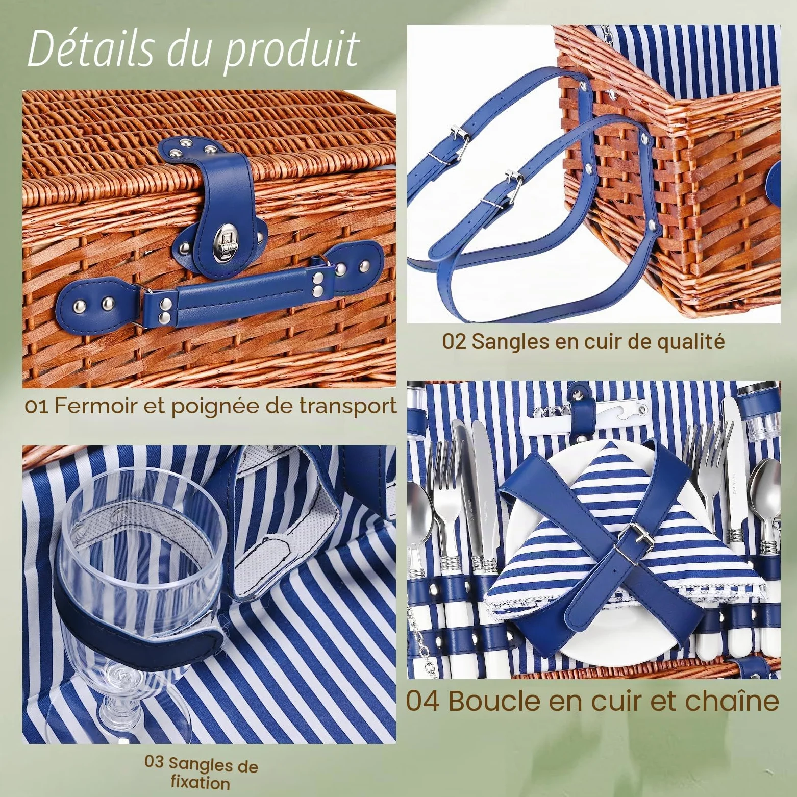 Panier de Pique Nique pour 4 Personnes,Couleeur Panier Pique Nique en Osier avec Couverture Pique-Nique Imperméable et Couverts, Panier Picnic pour Camping, Rose (Bleu 4 Personnes)