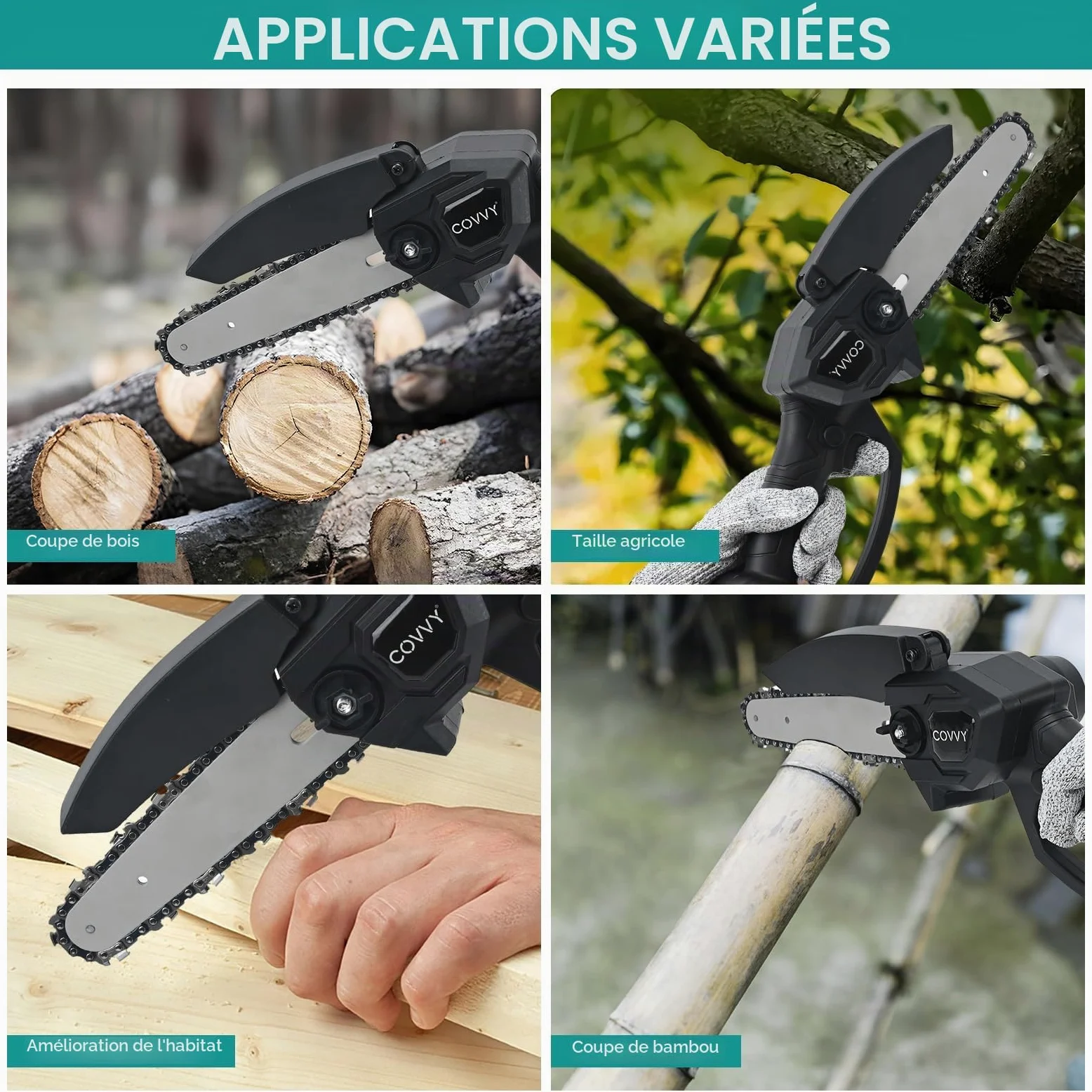 Mini Tronçonneuse à Batterie 8 et 6 Pouces, 6000mAh Tronçonneuse à Batterie, électrique portative sans fil à une main équipée, pour couper le bois, l'élagage des ja | 2 piles, 4 chaînes, lunettes et tournevis inclus, gants anti-coupure inclus, pour coupe