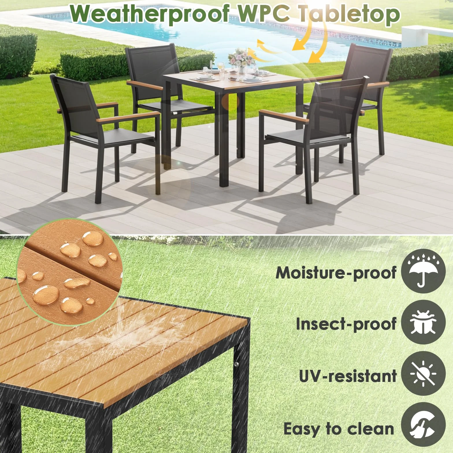 LIFERUN Table de jardin aluminium WPC 75x75 cm résistante aux intempéries Noir