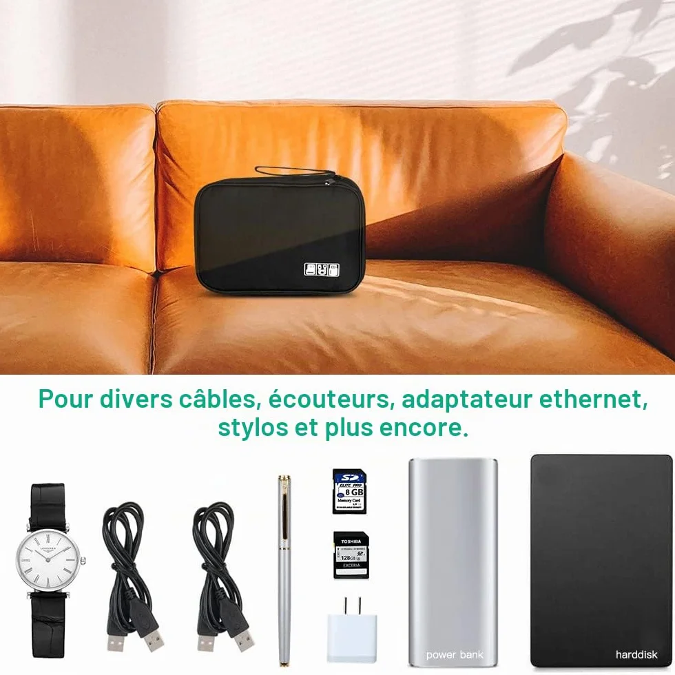 Sac Électronique Antichoc Anti Humide pour Câbles, Chargeur, Disques Durs, USB - Noir